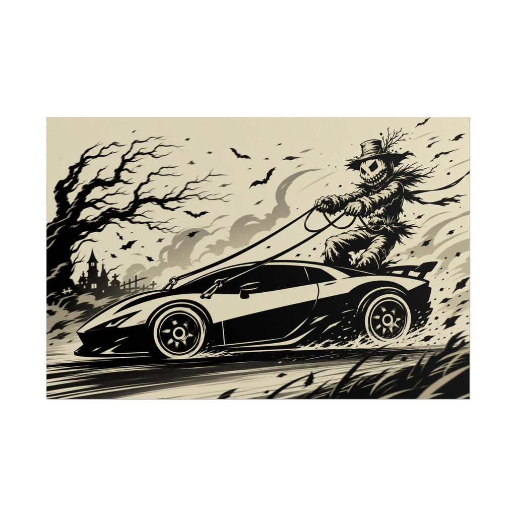 Poster - Scarecrow Driving Sports Car Vintage Halloween Art Print