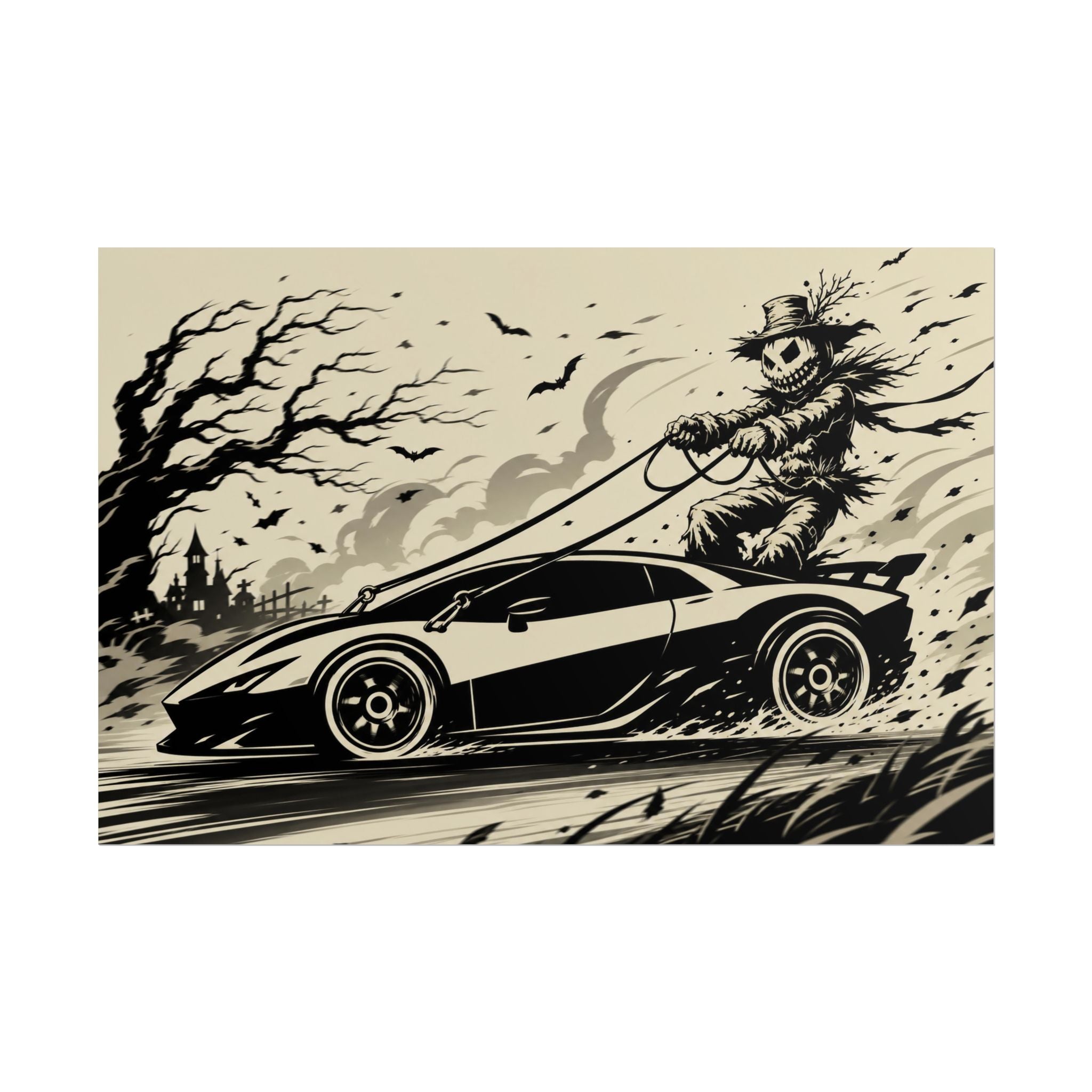 Poster - Scarecrow Driving Sports Car Vintage Halloween Art Print