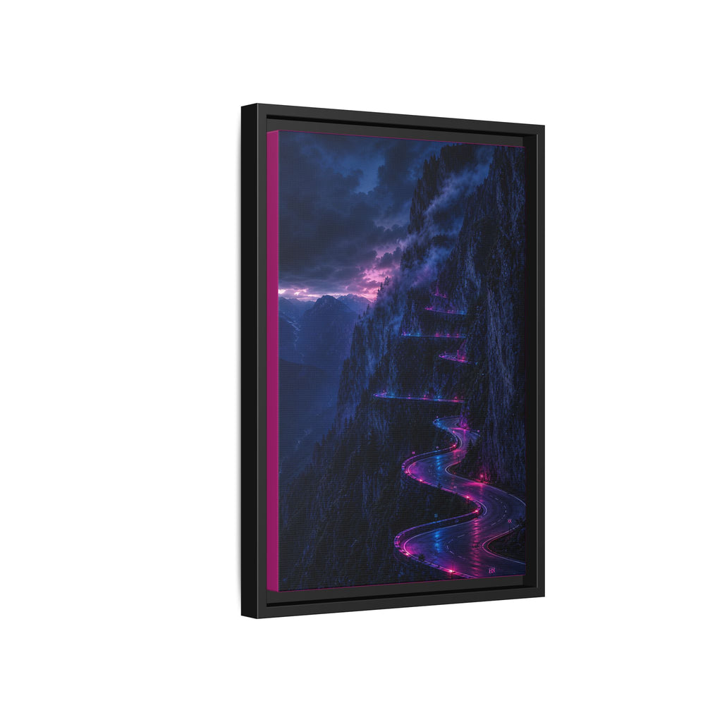 Neon Mountain Road Matte Canvas Print — Framed Nightscape Wall Art