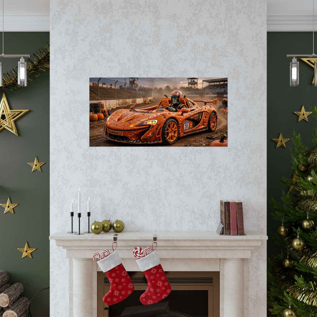Halloween Race Car Poster — Orange Pumpkin Sports Car Matte Horizontal Print