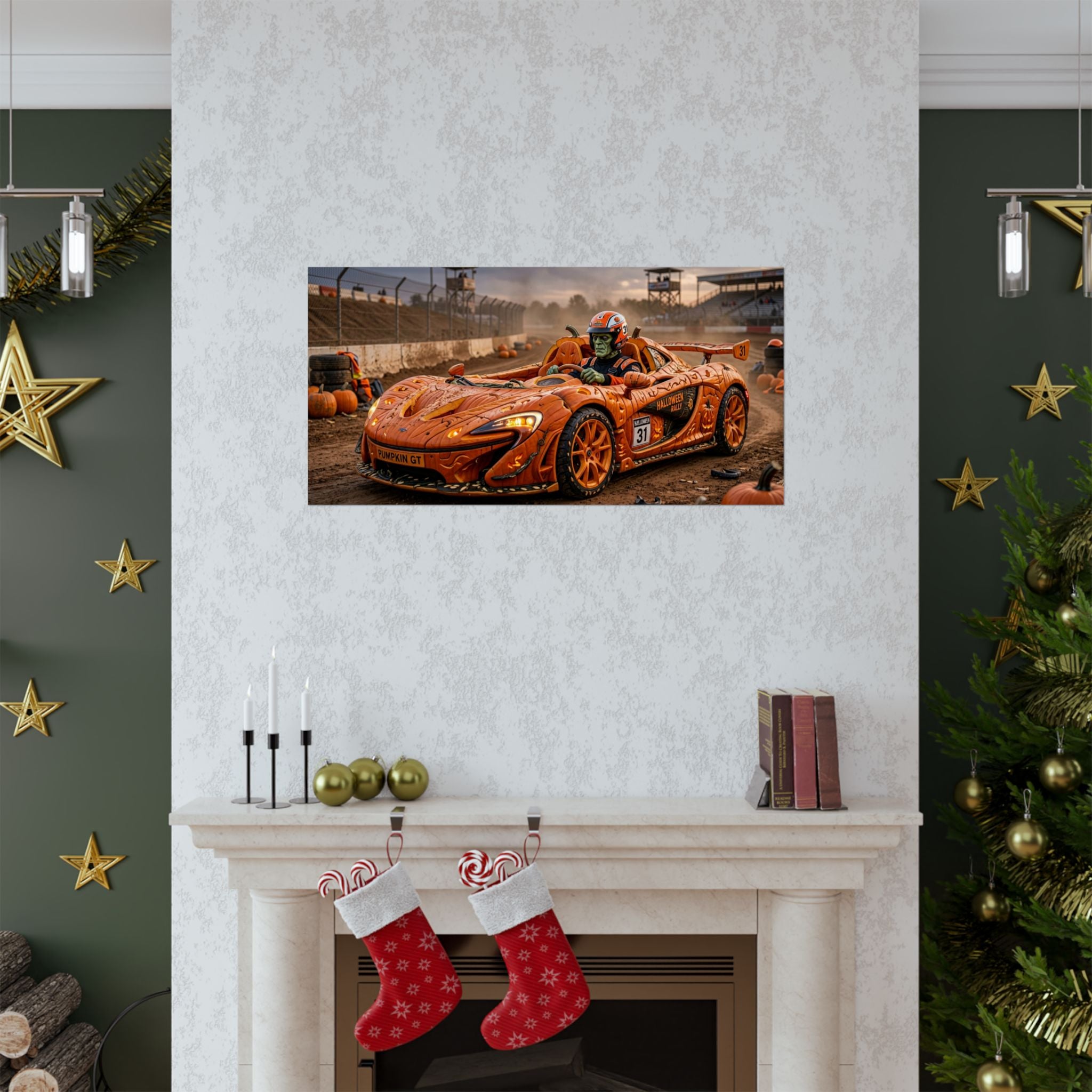 Halloween Race Car Poster — Orange Pumpkin Sports Car Matte Horizontal Print
