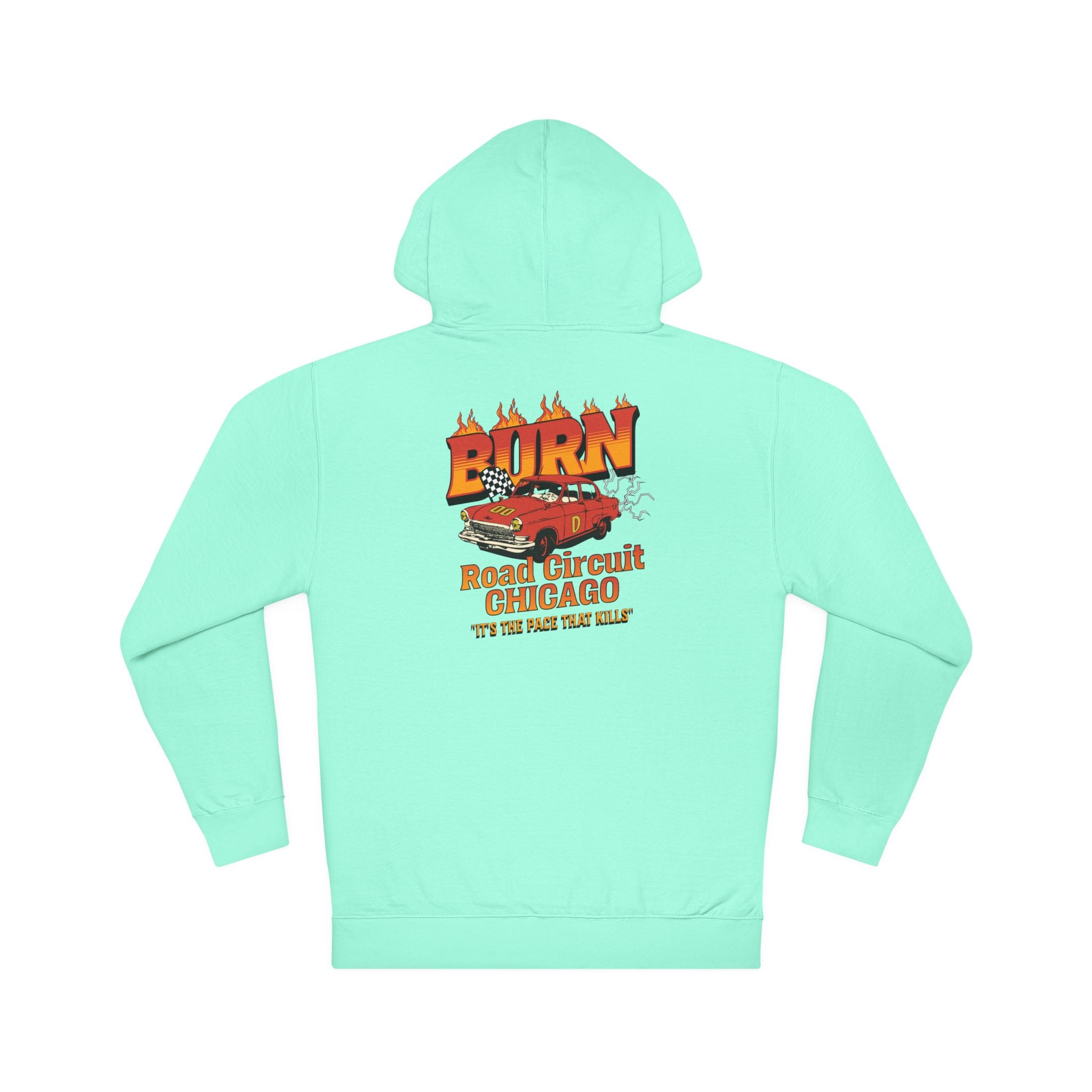 Chicago Road Circuit Hoodie — 'Burn' Flaming Race Car Retro Graphic Sweatshirt