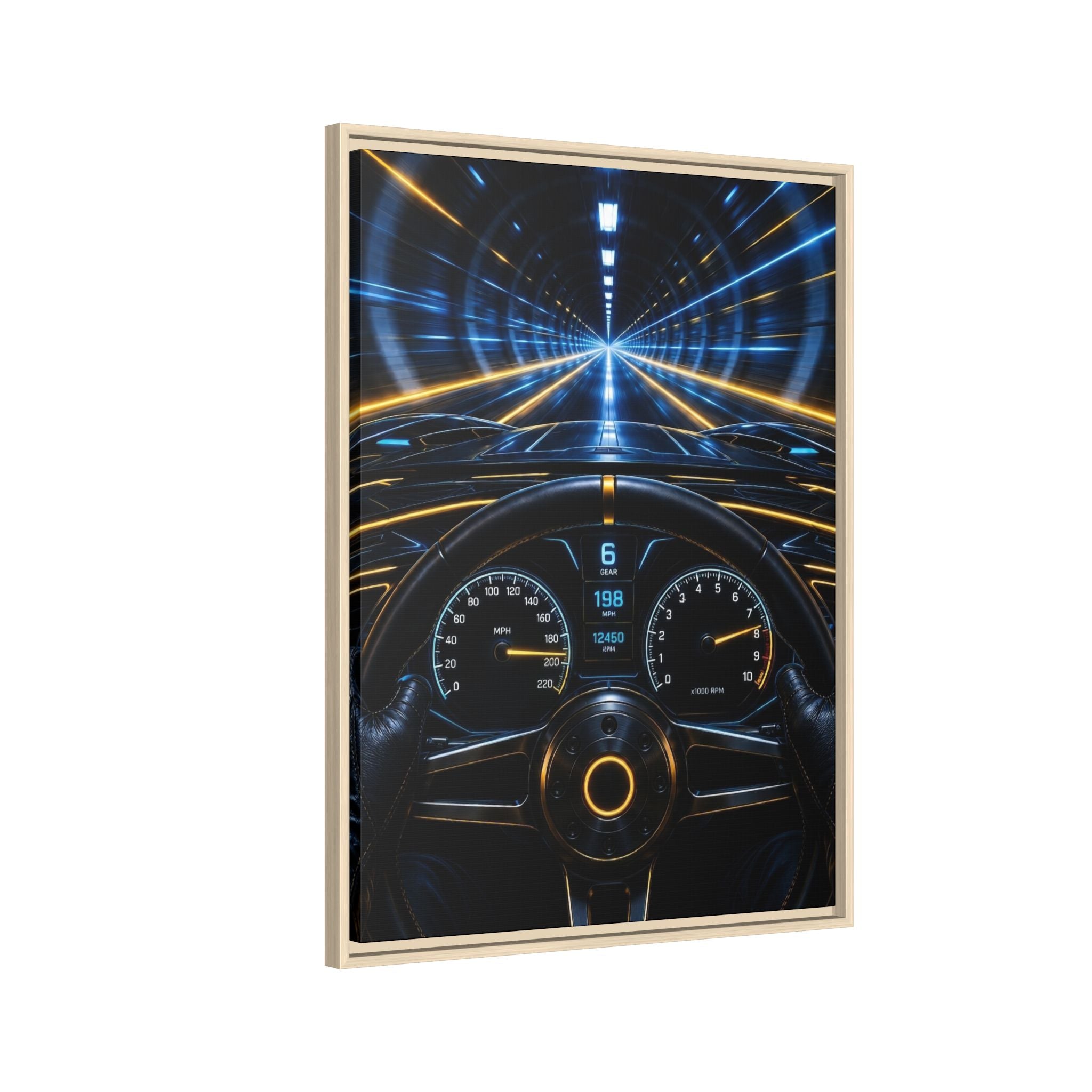 Tunnel Drive Framed Canvas Print — Retro Futuristic Car Dashboard Wall Art