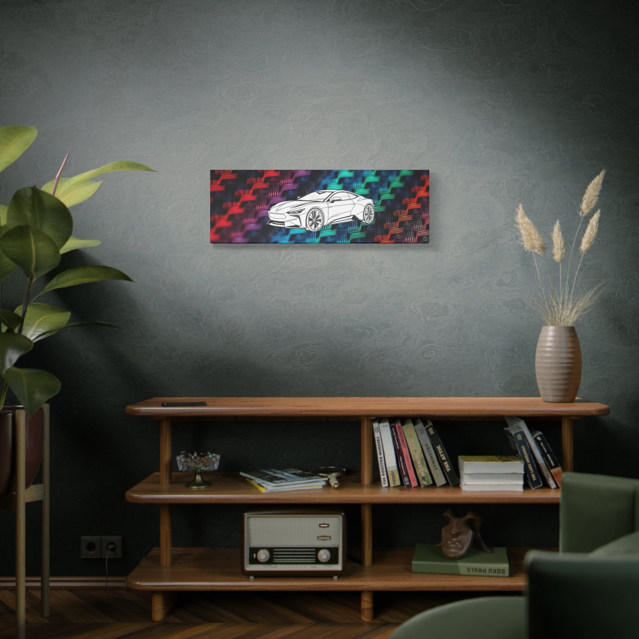 Modern Sports Car Canvas Wall Art – White Line Drawing on Rainbow Carbon Fiber Background