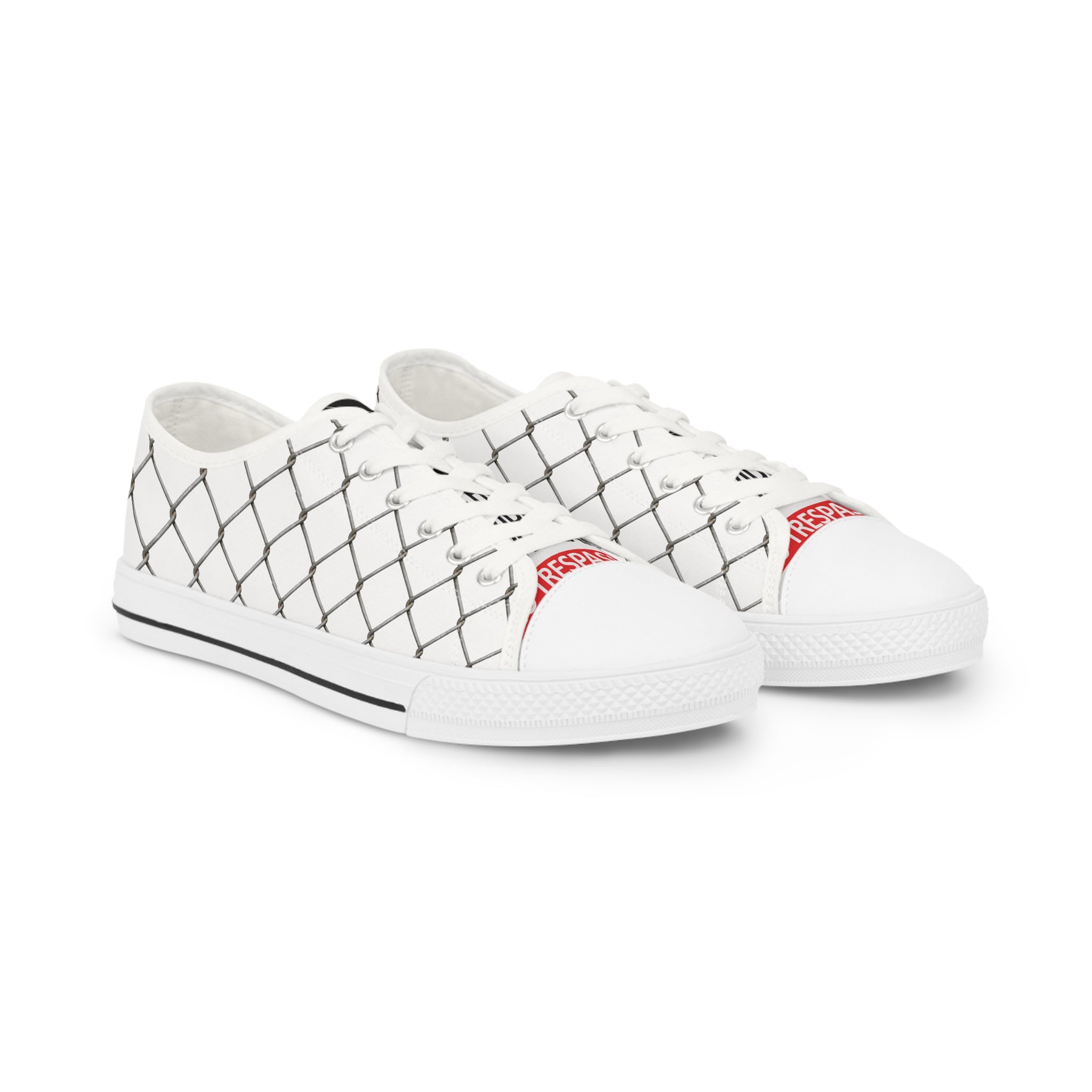 Men's Low Top Sneakers — White Canvas Chain-Link Pattern with 'Surveillance' Tongue