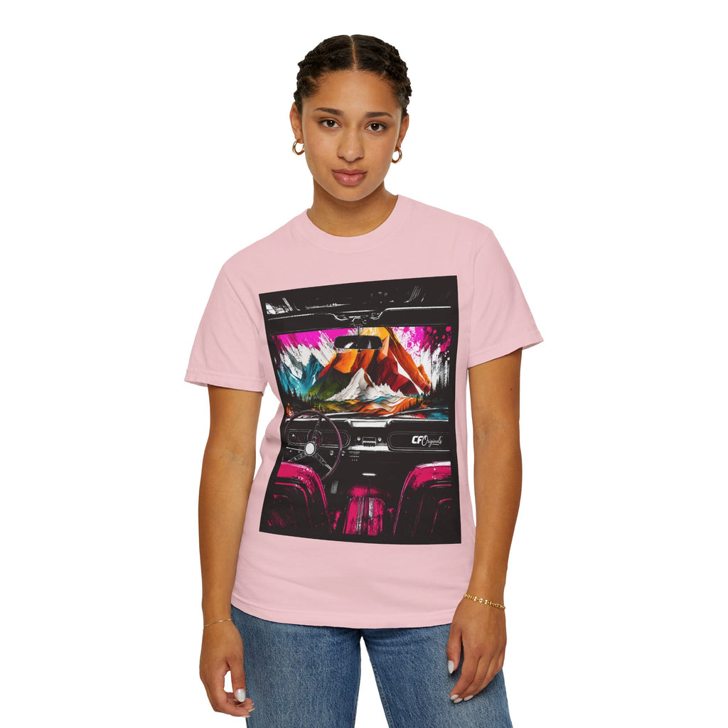 CarFits.store Big Prints T-Shirt — Retro Engine & Scenic Drive