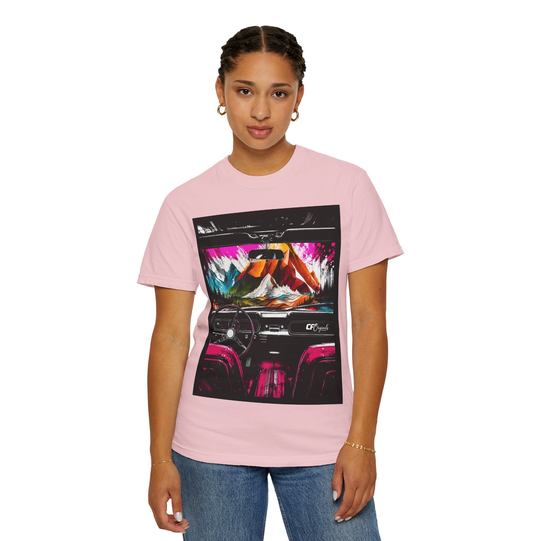 CarFits.store Big Prints T-Shirt — Retro Engine & Scenic Drive