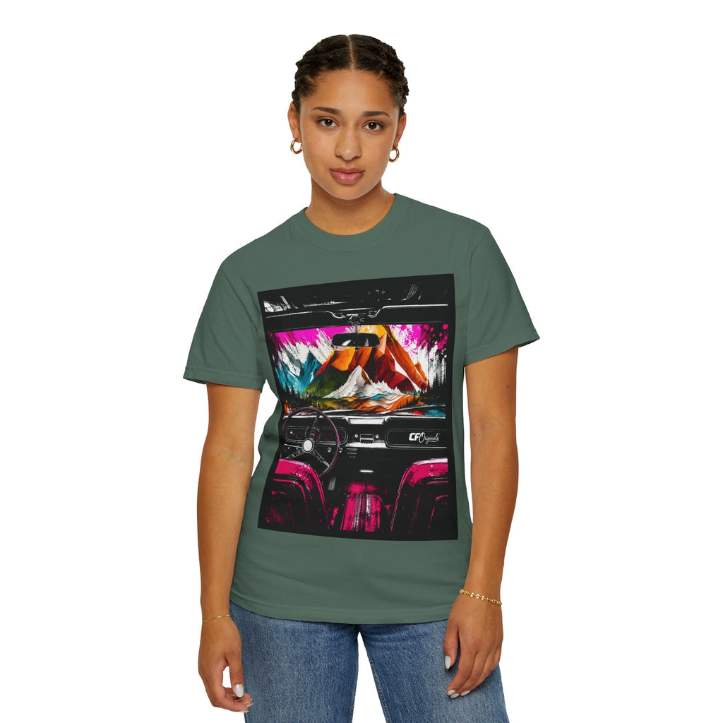 CarFits.store Big Prints T-Shirt — Retro Engine & Scenic Drive
