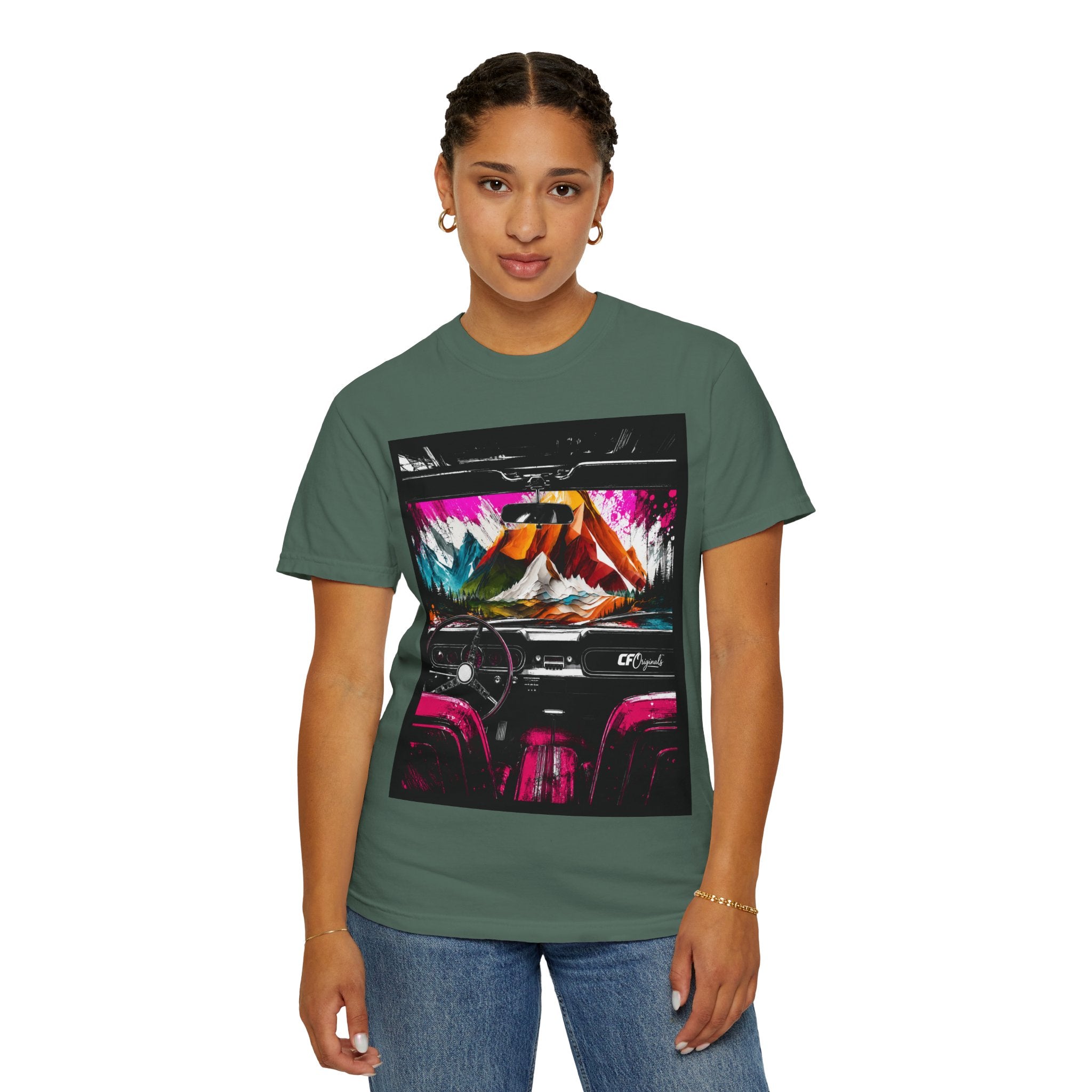 CarFits.store Big Prints T-Shirt — Retro Engine & Scenic Drive