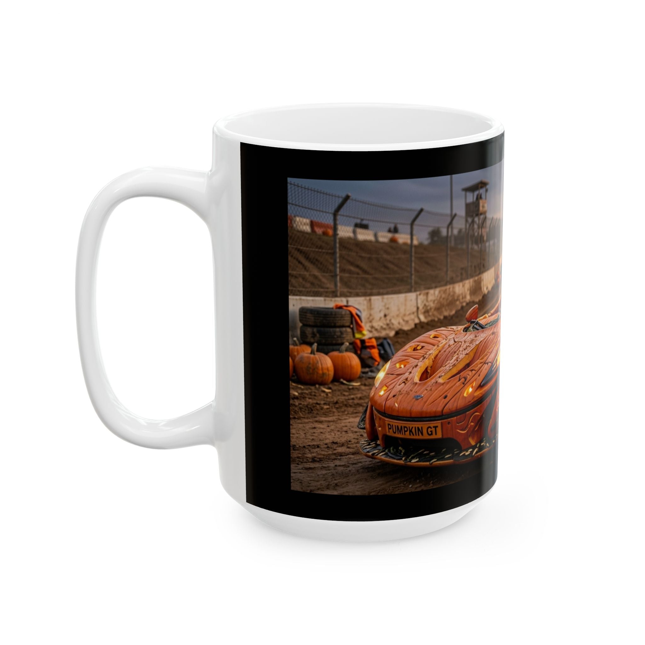 Racing Car Mug — Orange Pumpkin Sports Car (11oz & 15oz)