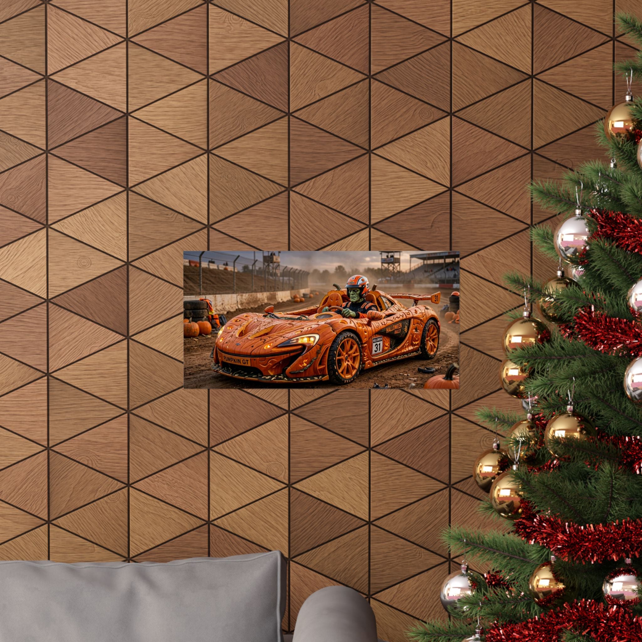 Halloween Race Car Poster — Orange Pumpkin Sports Car Matte Horizontal Print