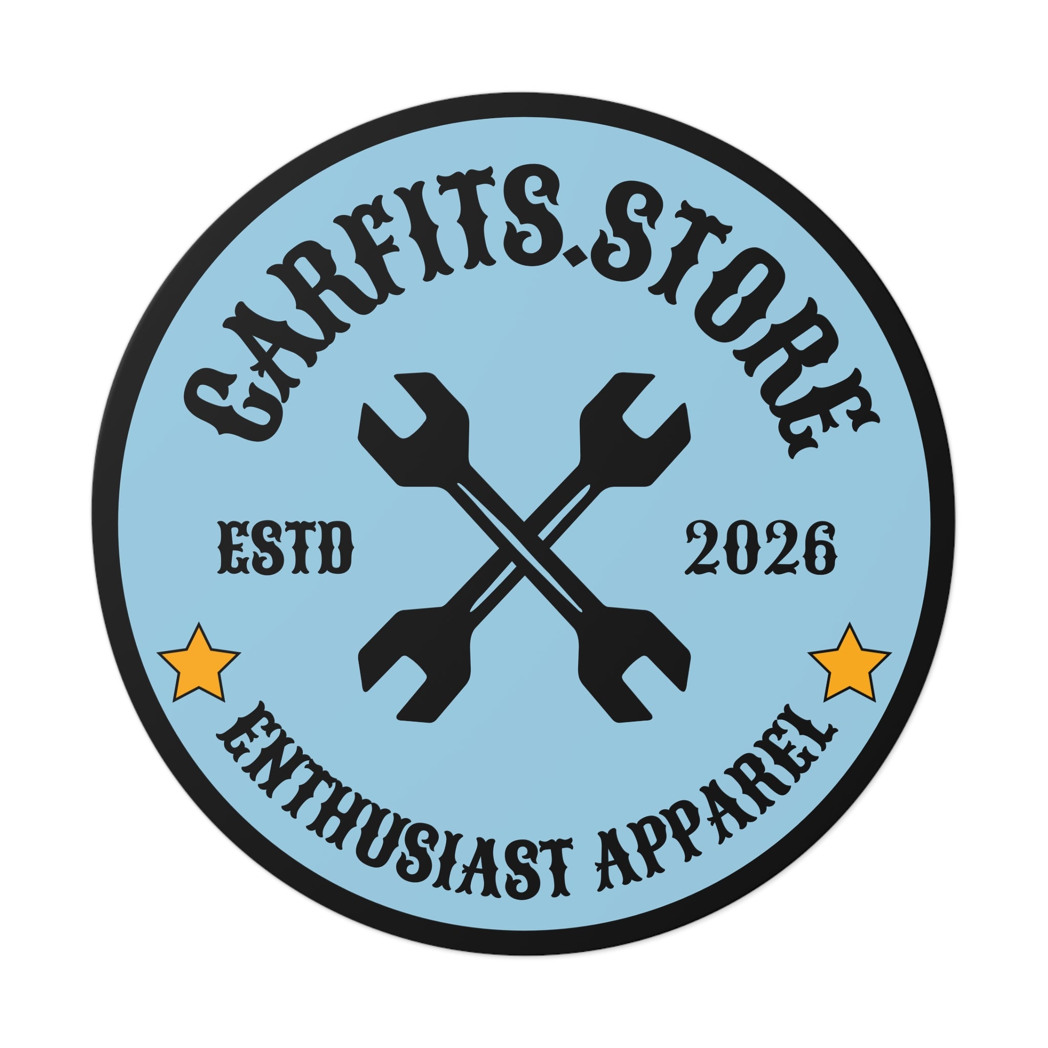 Logo Round Vinyl Sticker — 'CARFITS.STORE' Wrench Emblem (ESTD 2026)