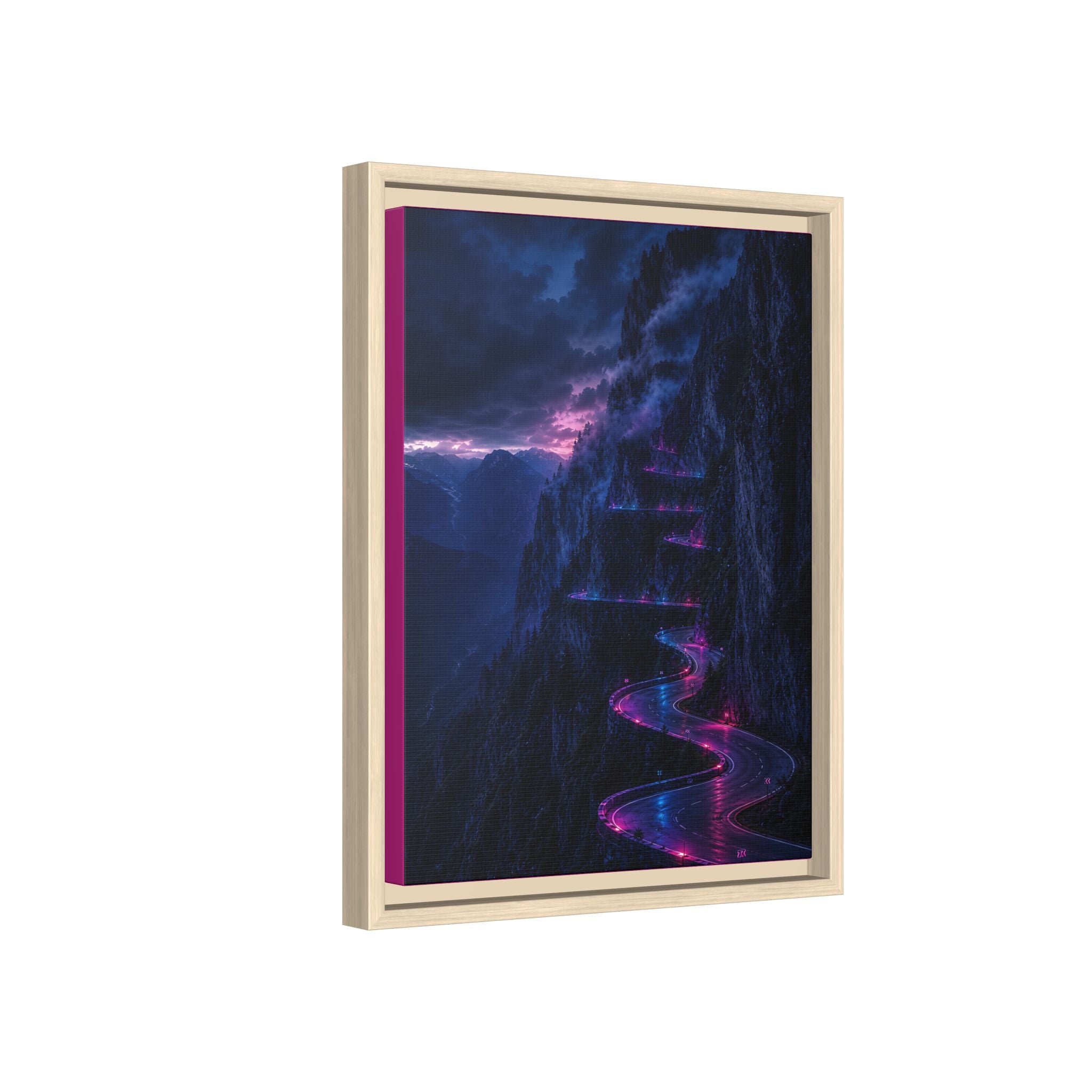 Neon Mountain Road Matte Canvas Print — Framed Nightscape Wall Art
