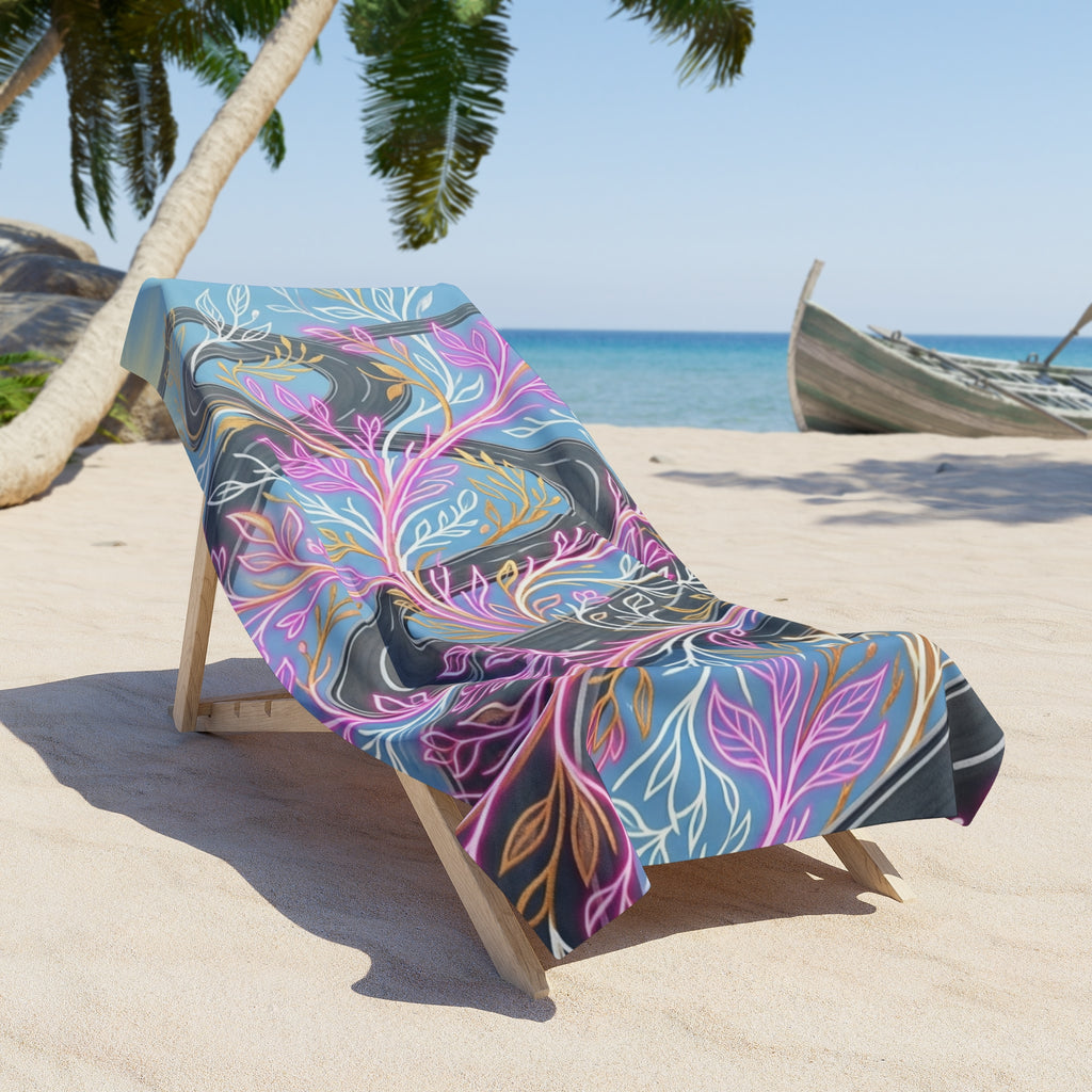 Floral Wave Beach Towel — Pastel Coral & Seaweed Design