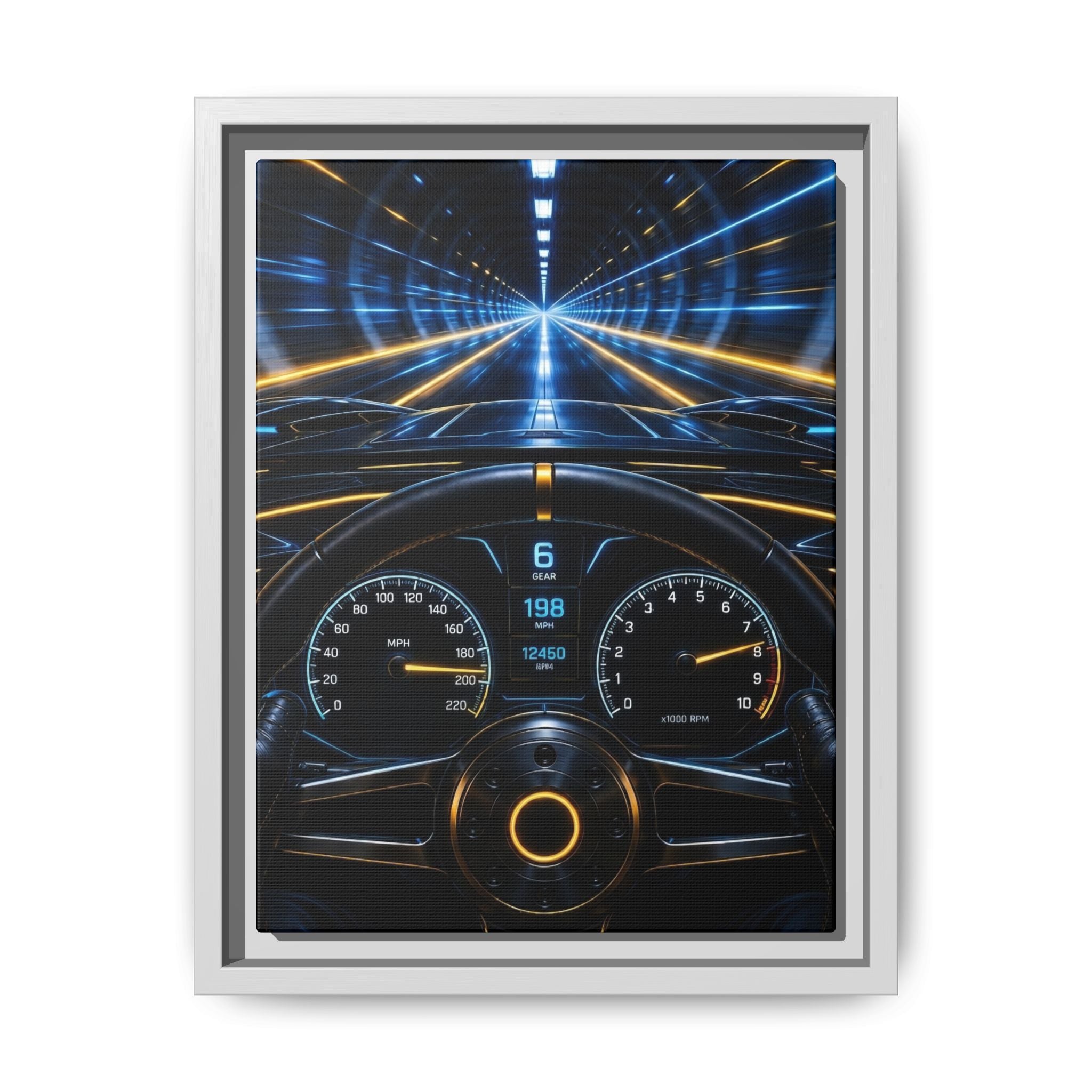 Tunnel Drive Framed Canvas Print — Retro Futuristic Car Dashboard Wall Art