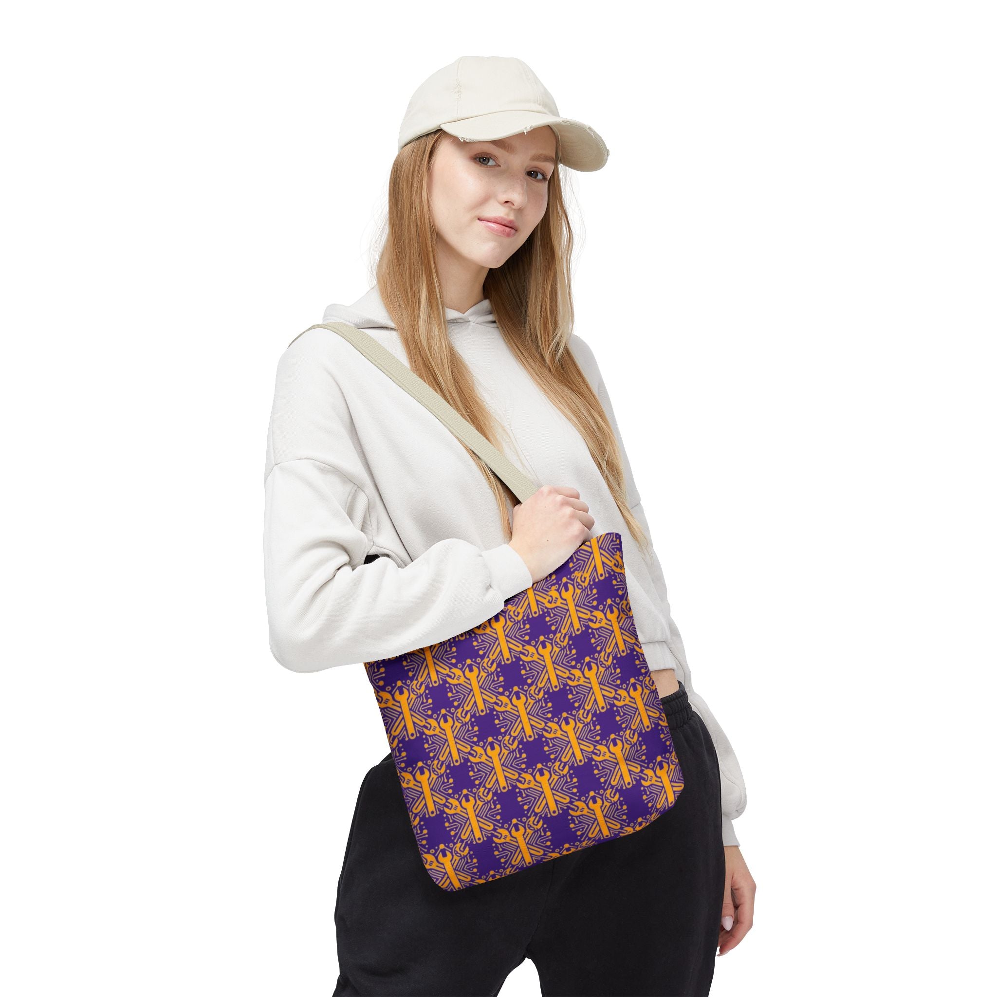Purple & Gold Wrench Pattern Tote Bag – Automotive All-Over Print Tote