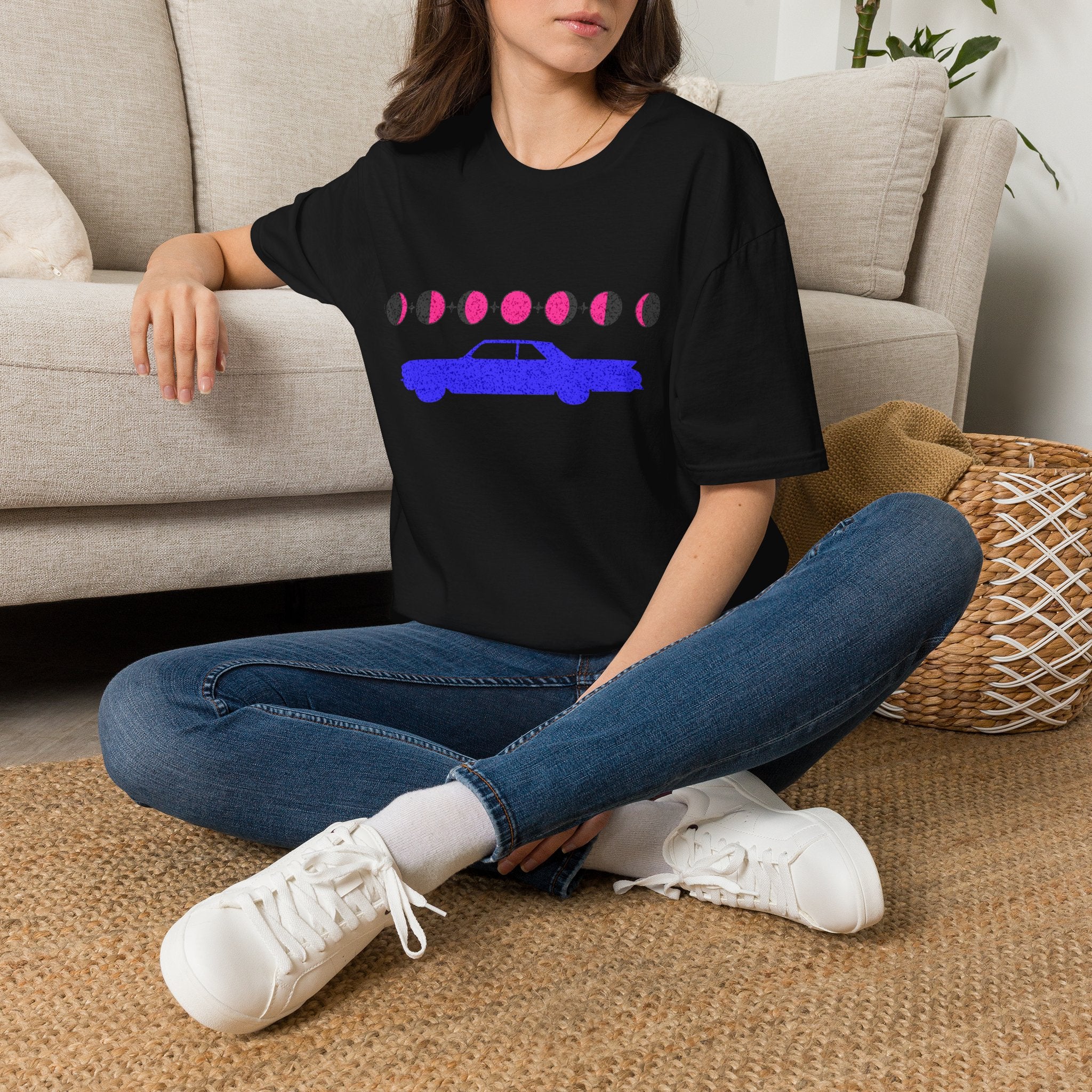 Retro Moon Phase Car T‑Shirt — Blue Classic Car with Pink Moon Phases