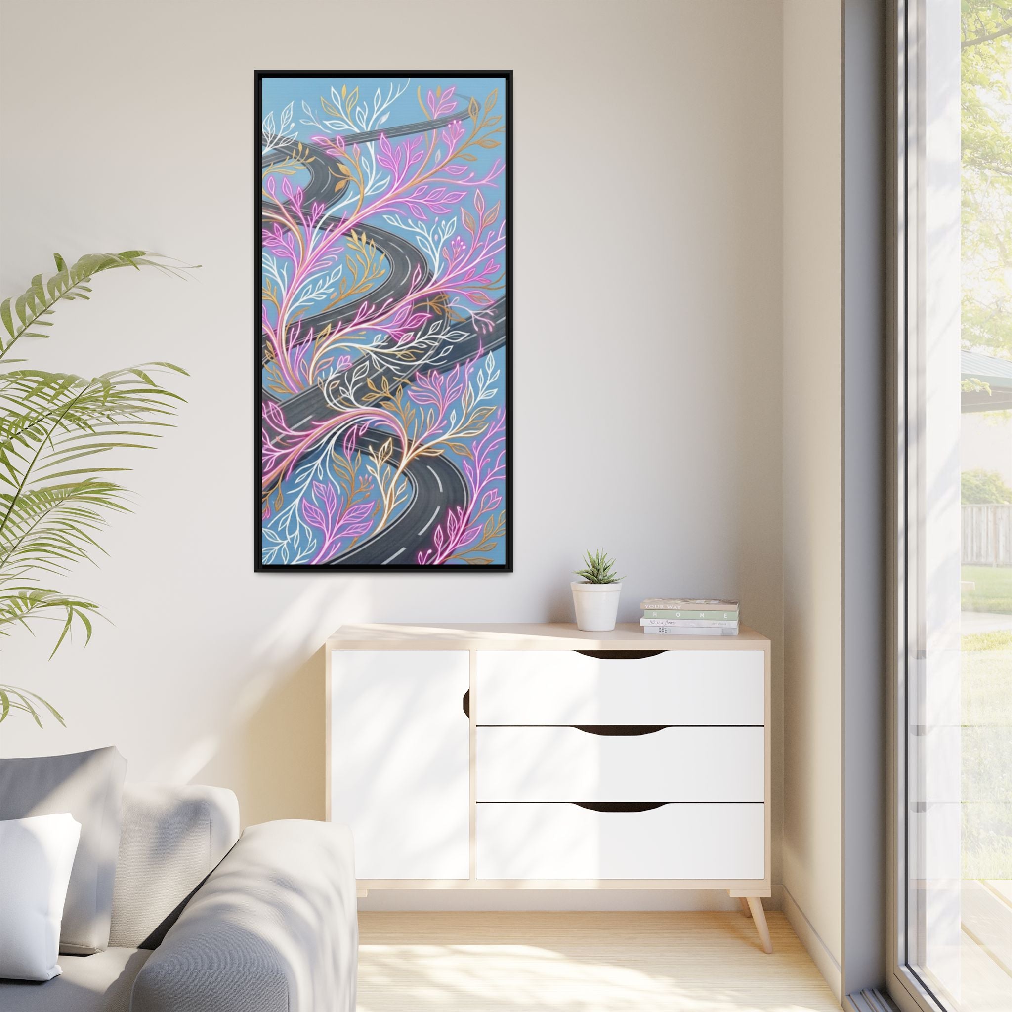 Framed Matte Canvas Floral Vines Wall Art — Pastel Botanical Abstract