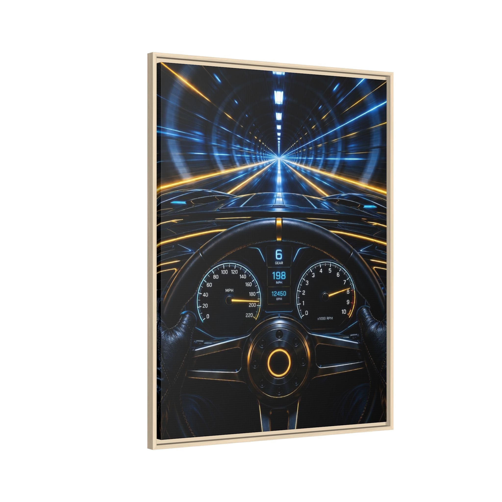 Tunnel Drive Framed Canvas Print — Retro Futuristic Car Dashboard Wall Art