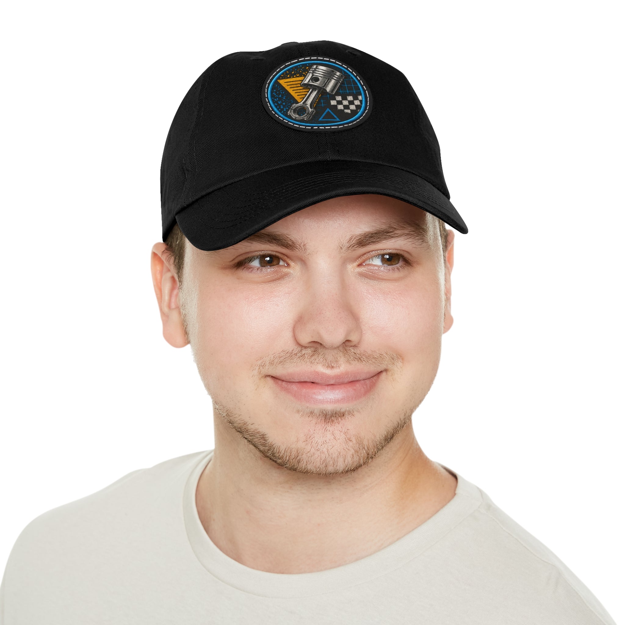 Racing Piston Patch Dad Hat — Vintage Motorhead Leather Patch Cap
