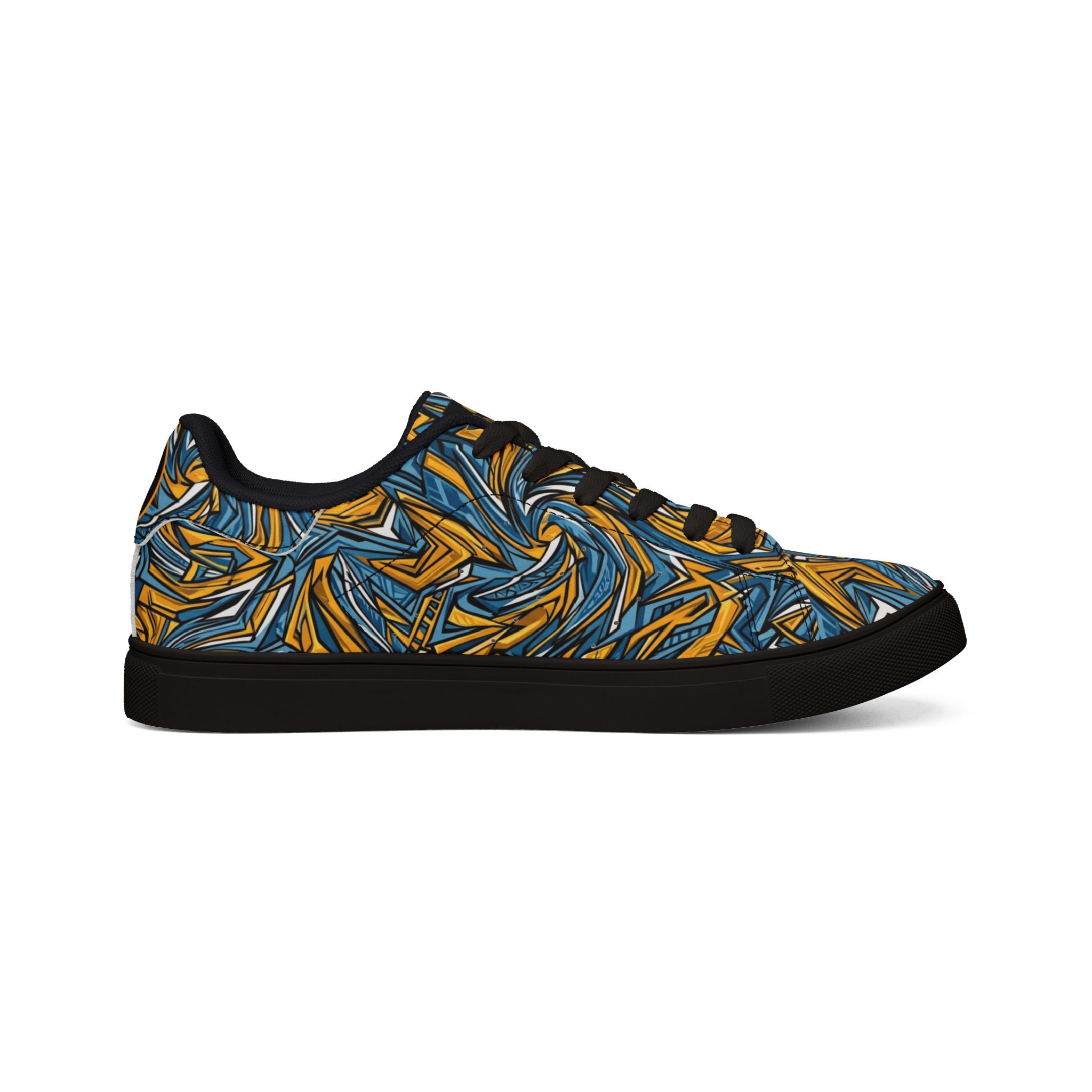 Men's Low-Top Leather Sneakers — Blue & Gold Swirl Painterly Trainers