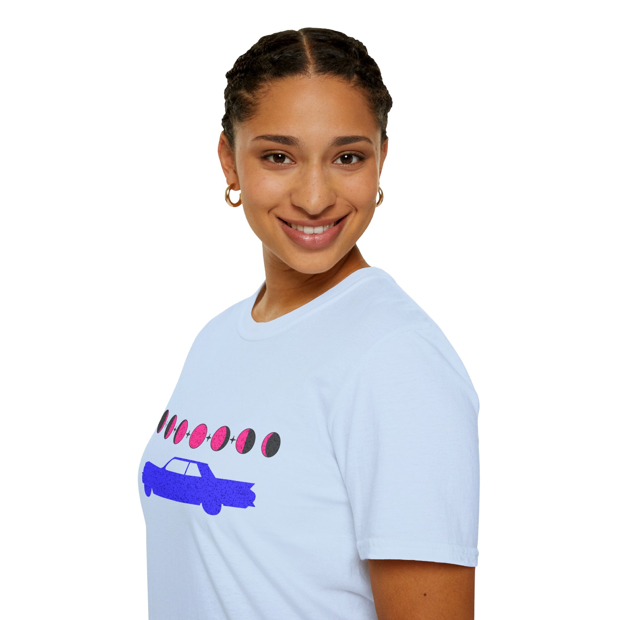Retro Moon Phase Car T‑Shirt — Blue Classic Car with Pink Moon Phases
