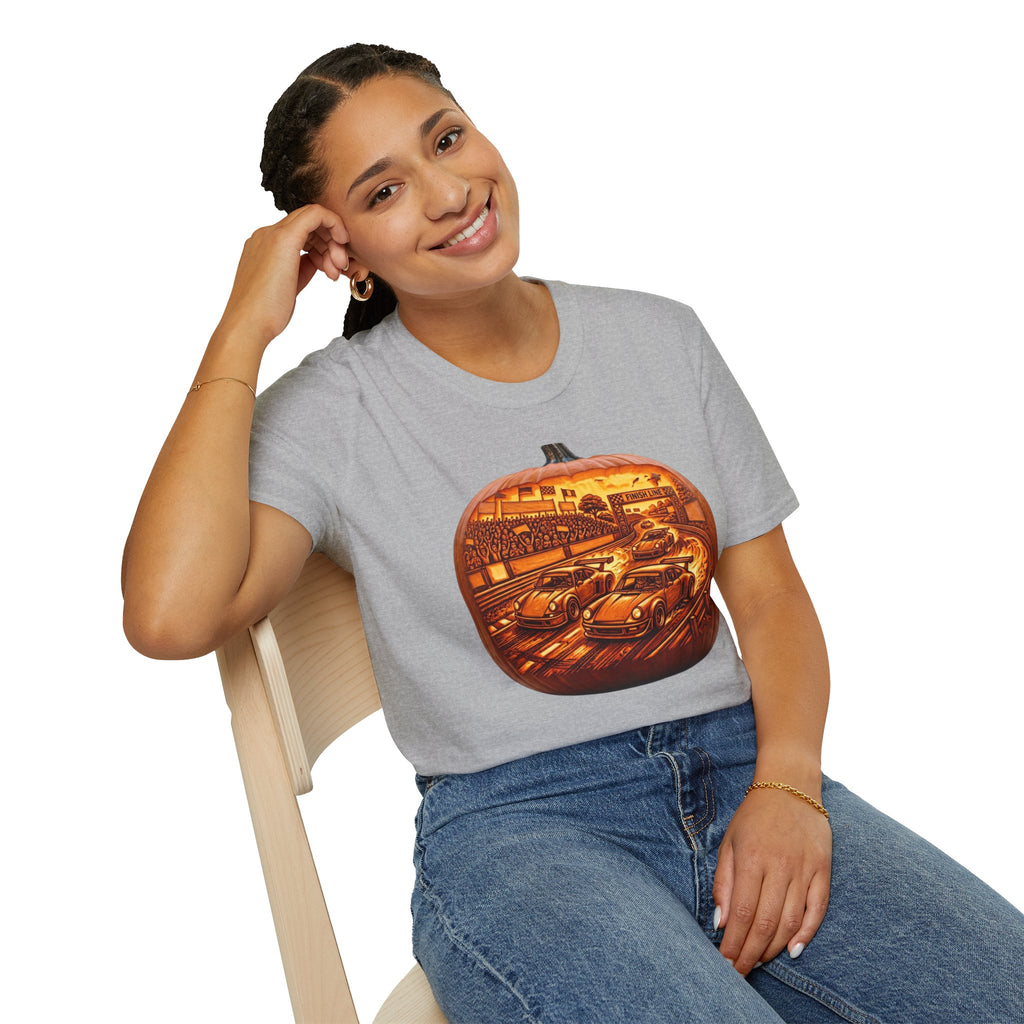 Vintage Racing Pumpkin T-Shirt — Retro Car Grand Prix Halloween Tee