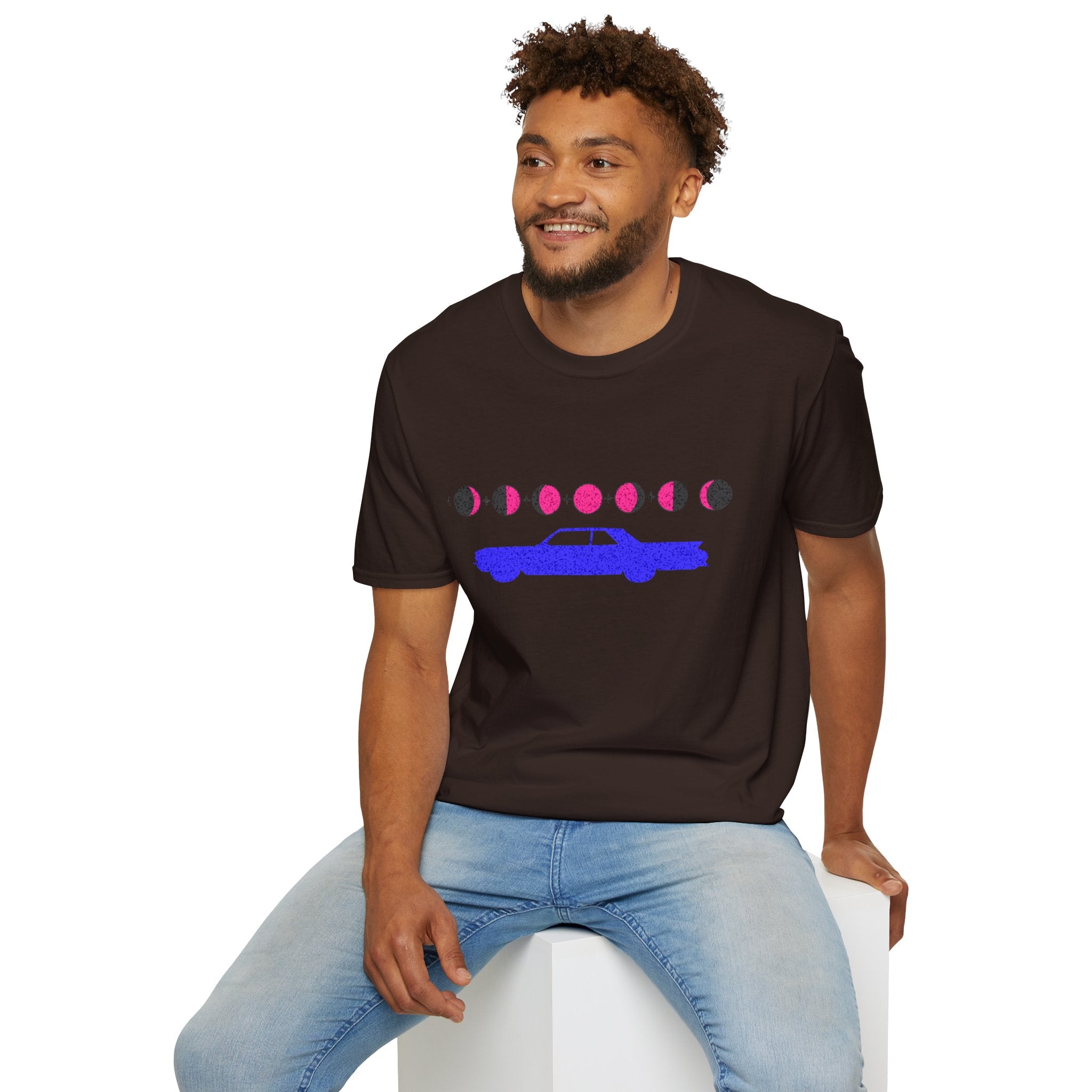 Retro Moon Phase Car T‑Shirt — Blue Classic Car with Pink Moon Phases
