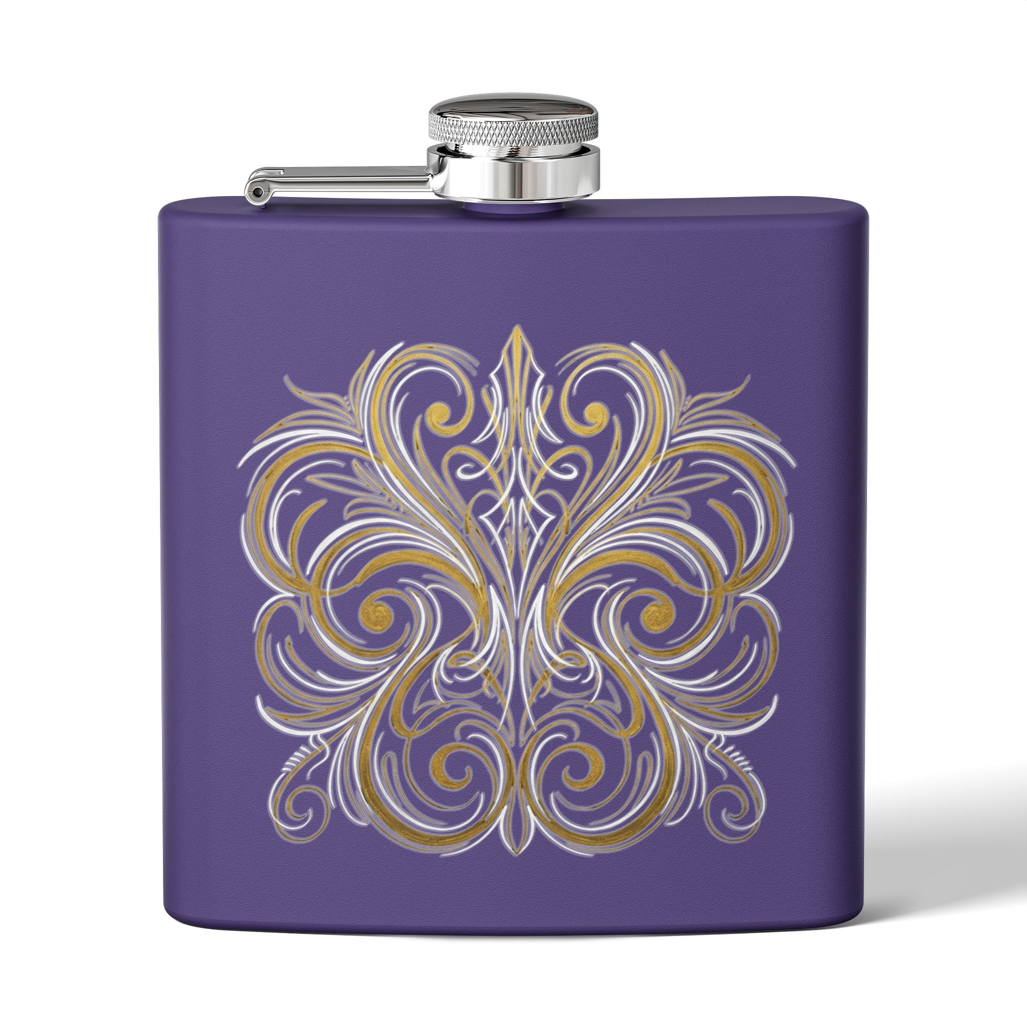 Gold Filigree 6oz Stainless Steel Flask — Vintage Pinstripe Pocket Hip Flask