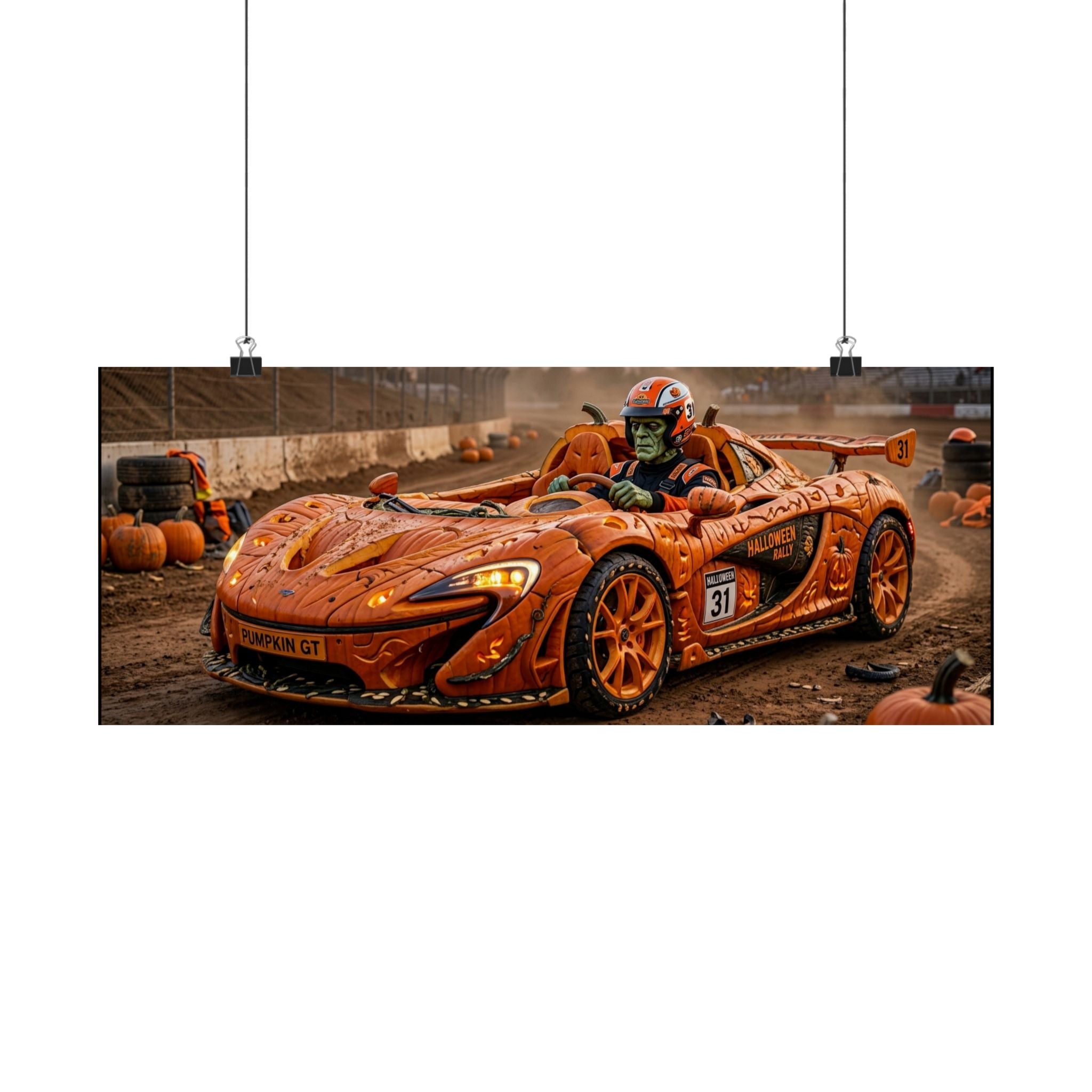 Halloween Race Car Poster — Orange Pumpkin Sports Car Matte Horizontal Print