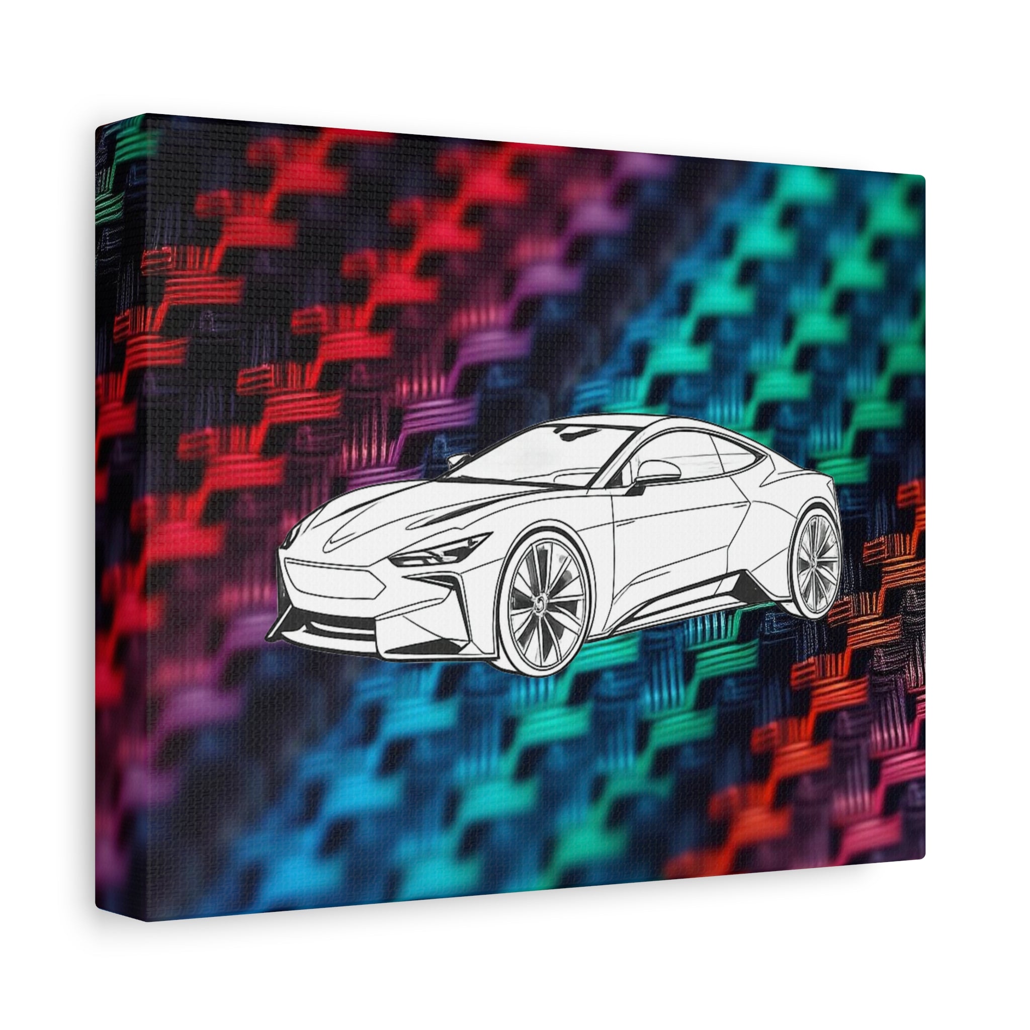 Modern Sports Car Canvas Wall Art – White Line Drawing on Rainbow Carbon Fiber Background