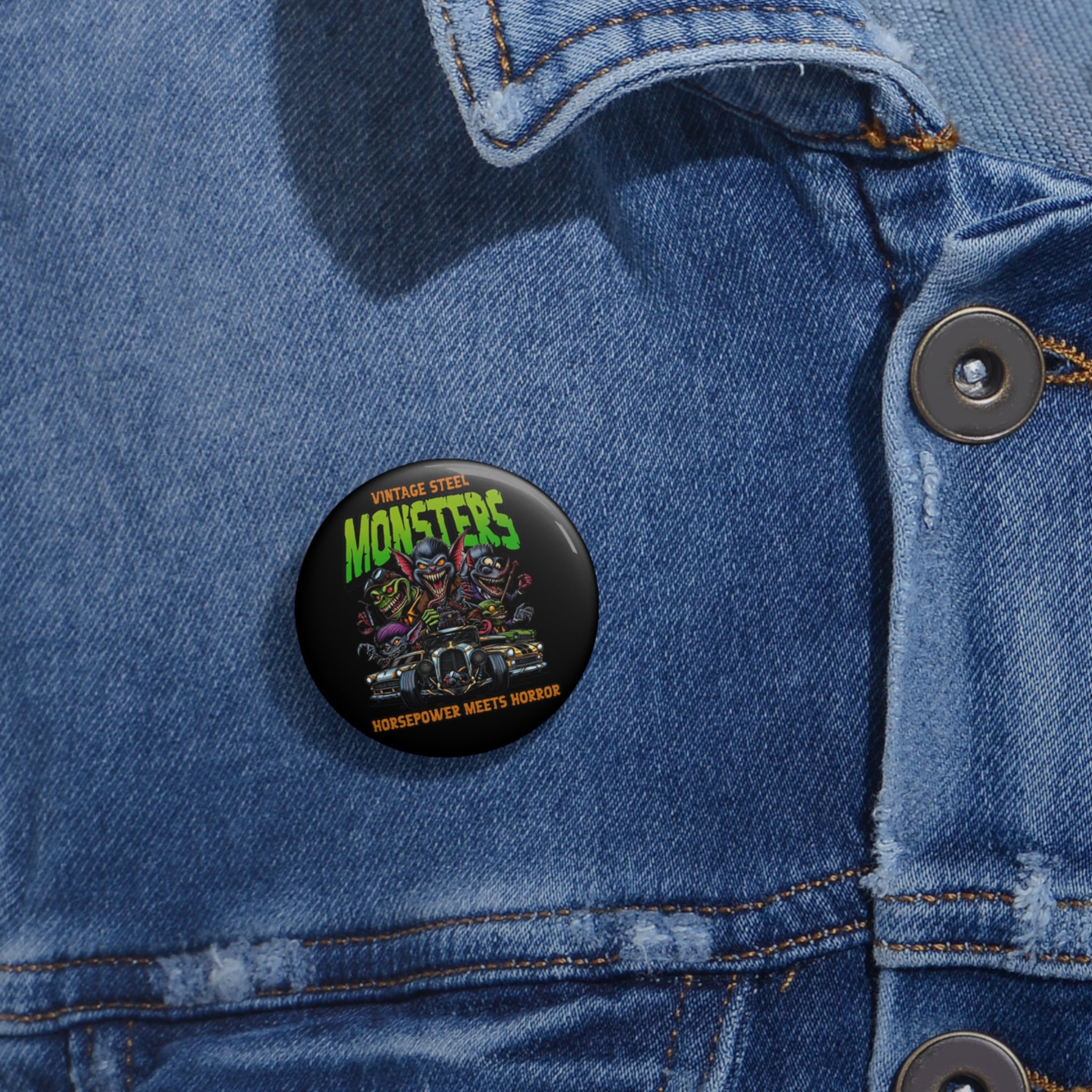 Monster Car Pin Button — “Vintage Steel Monsters: Horsepower Meets Horror”