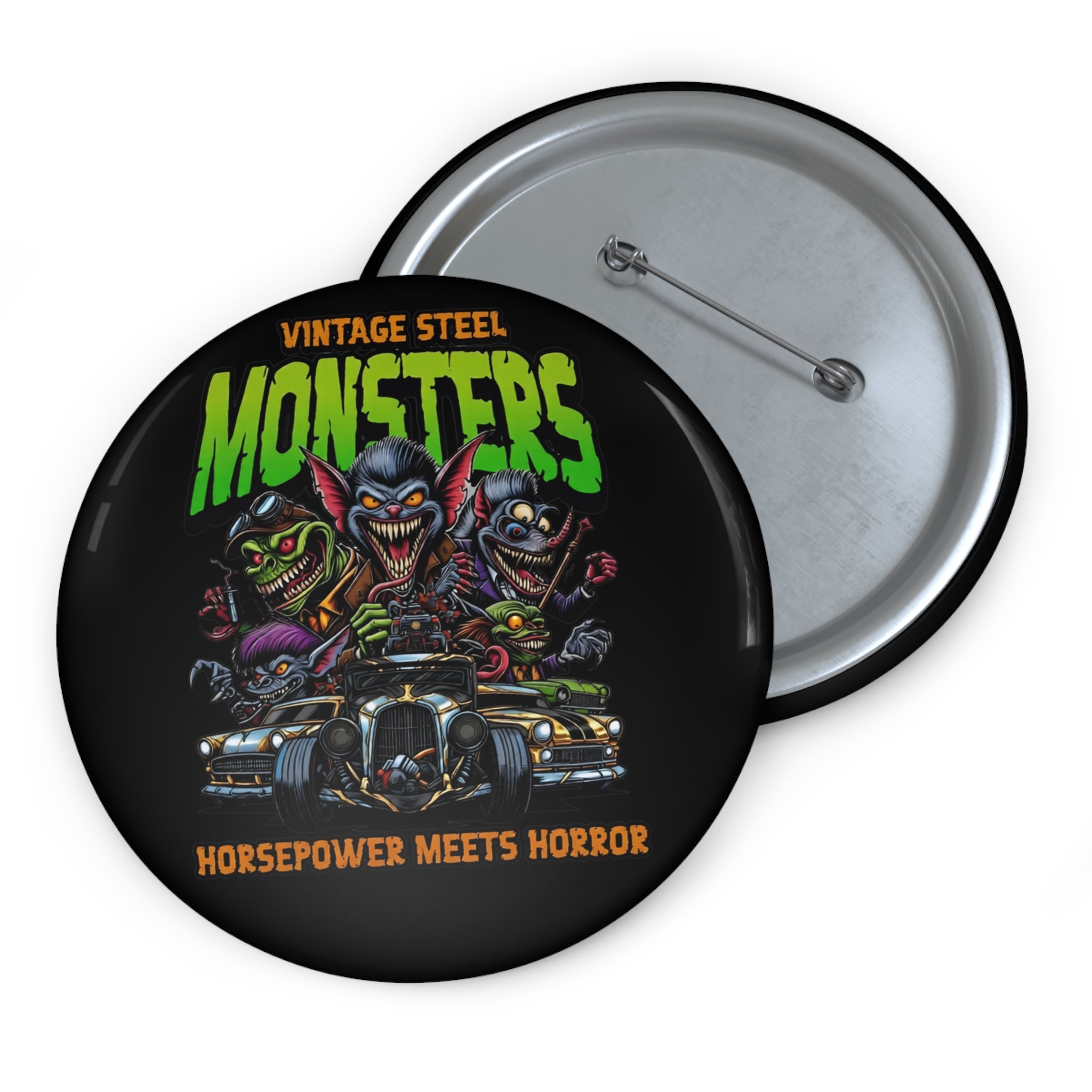 Monster Car Pin Button — “Vintage Steel Monsters: Horsepower Meets Horror”