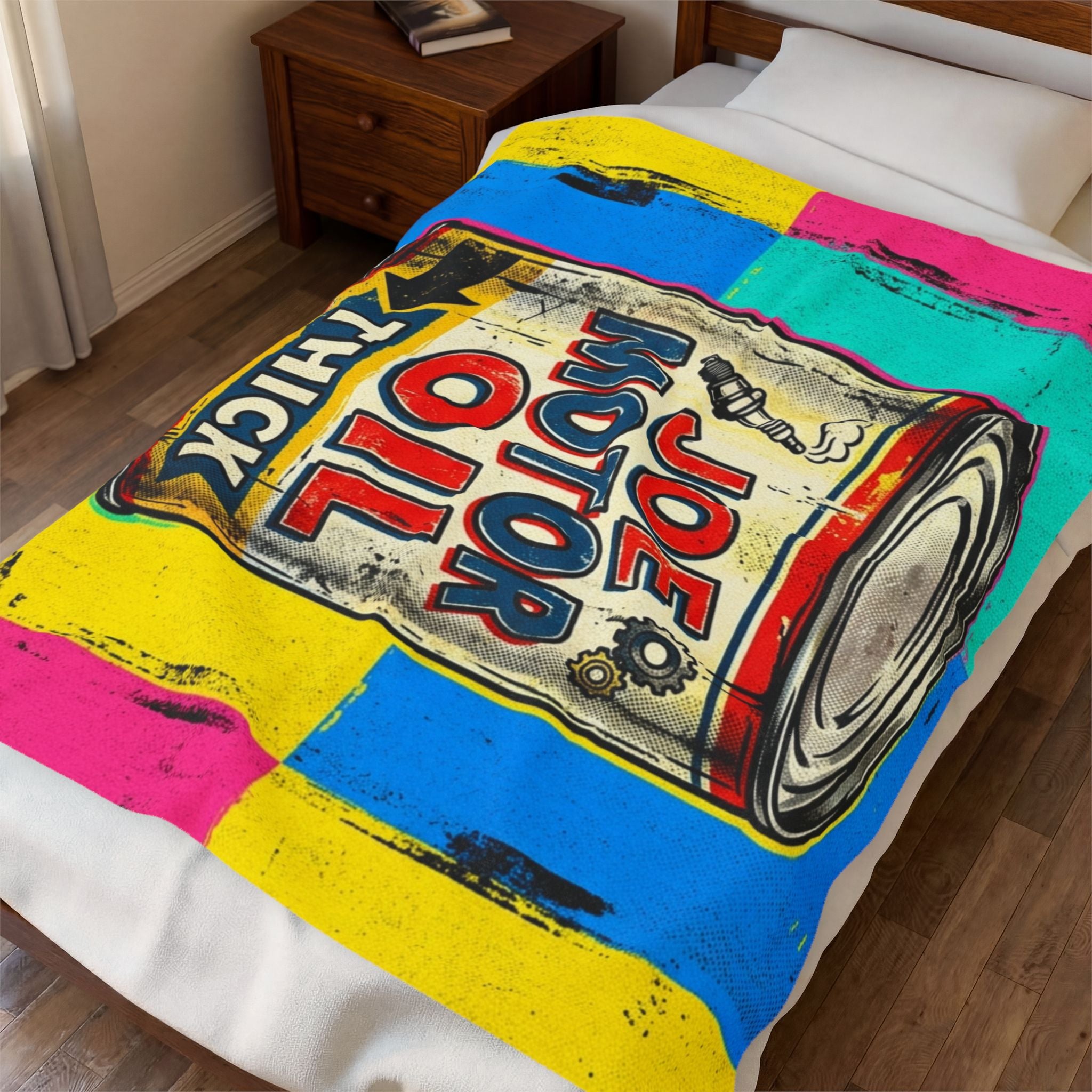 Pop Art Motor Oil Can Velveteen Plush Blanket — Retro Garage Throw