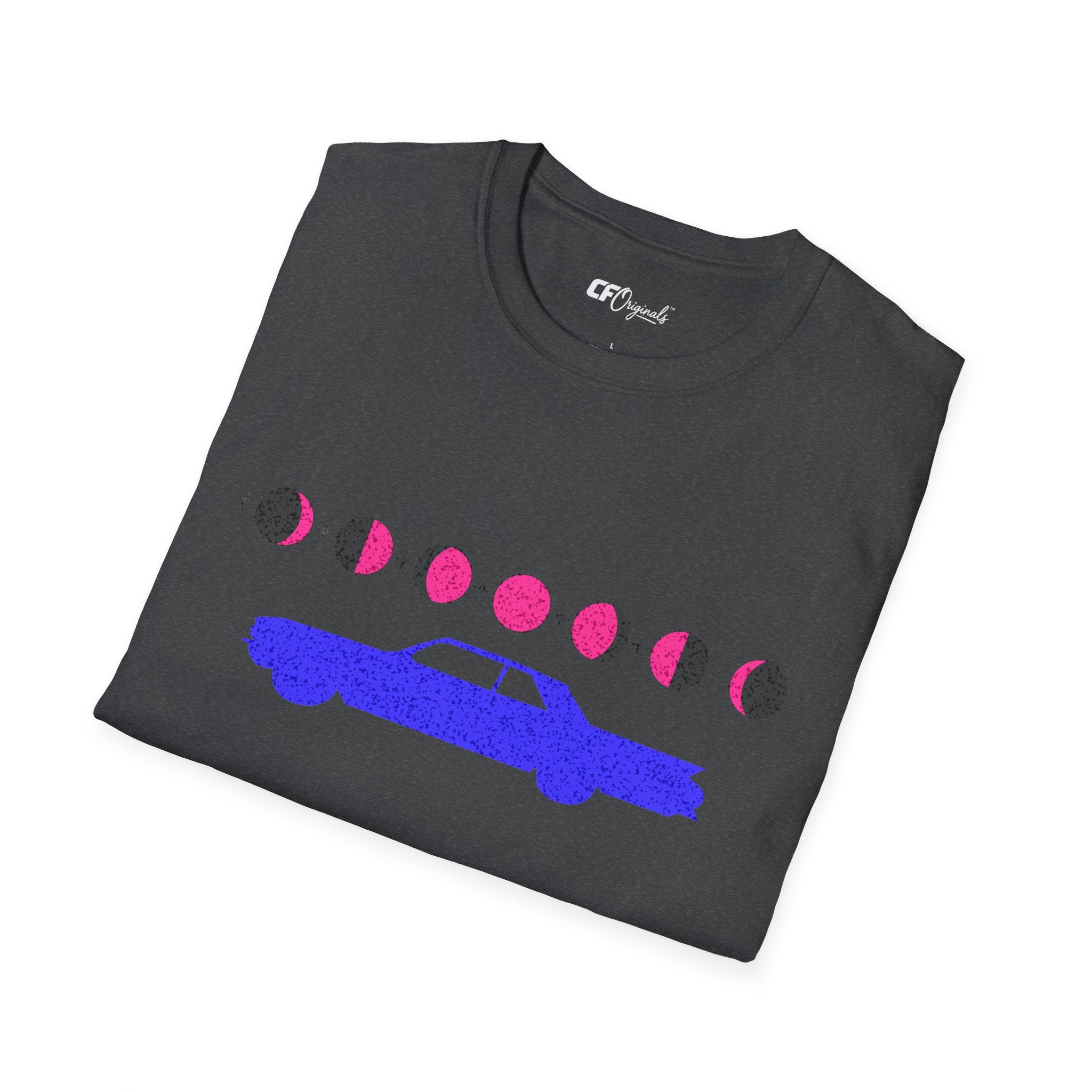 Retro Moon Phase Car T‑Shirt — Blue Classic Car with Pink Moon Phases