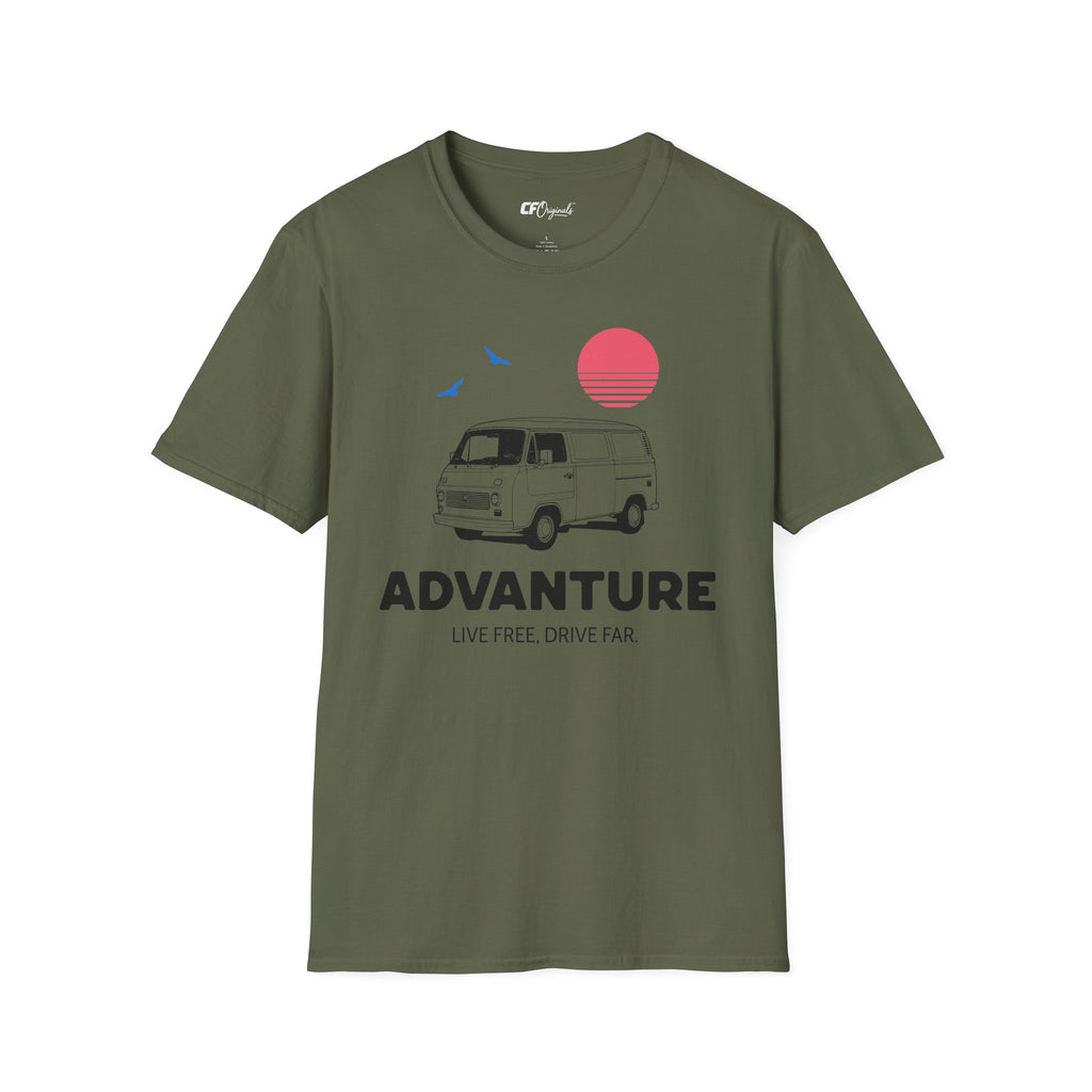 Adventure Van T‑Shirt — Retro Camper Sunset Graphic Tee