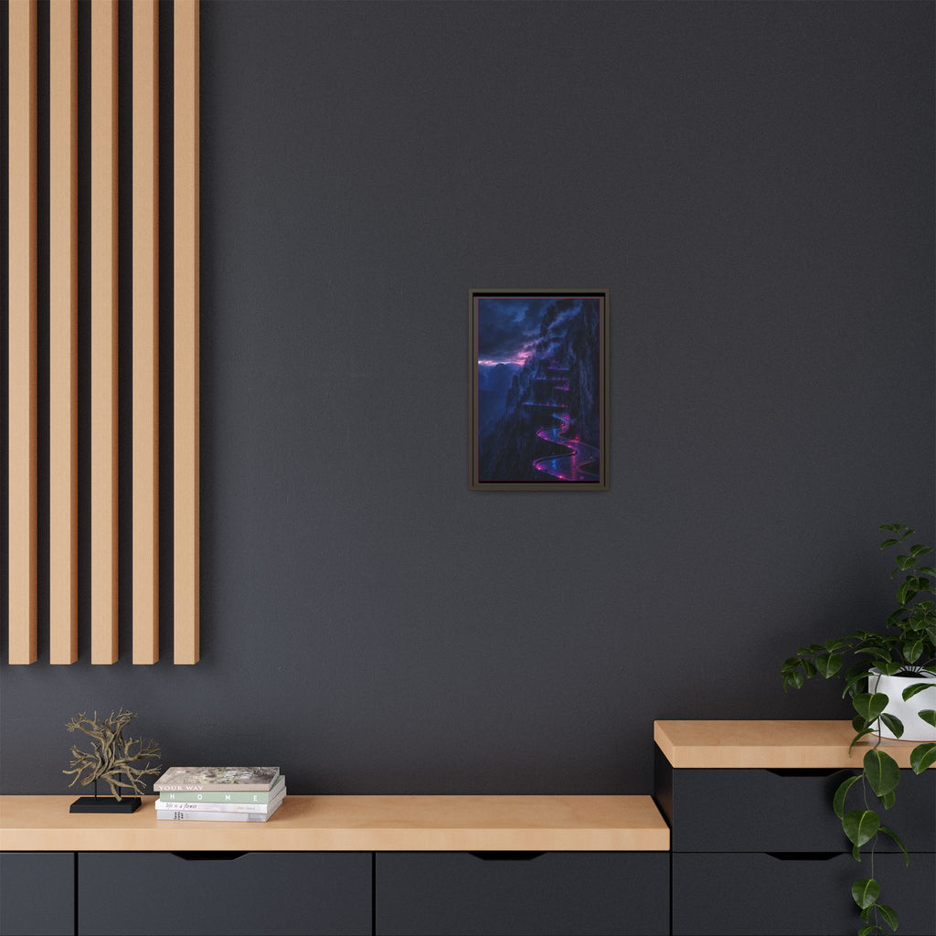 Neon Mountain Road Matte Canvas Print — Framed Nightscape Wall Art