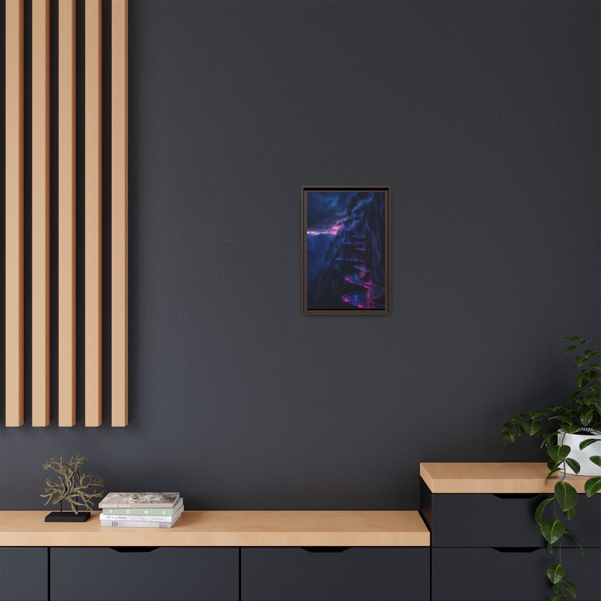 Neon Mountain Road Matte Canvas Print — Framed Nightscape Wall Art