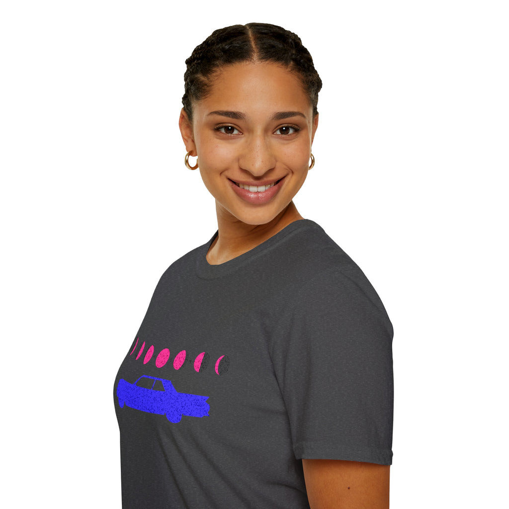 Retro Moon Phase Car T‑Shirt — Blue Classic Car with Pink Moon Phases