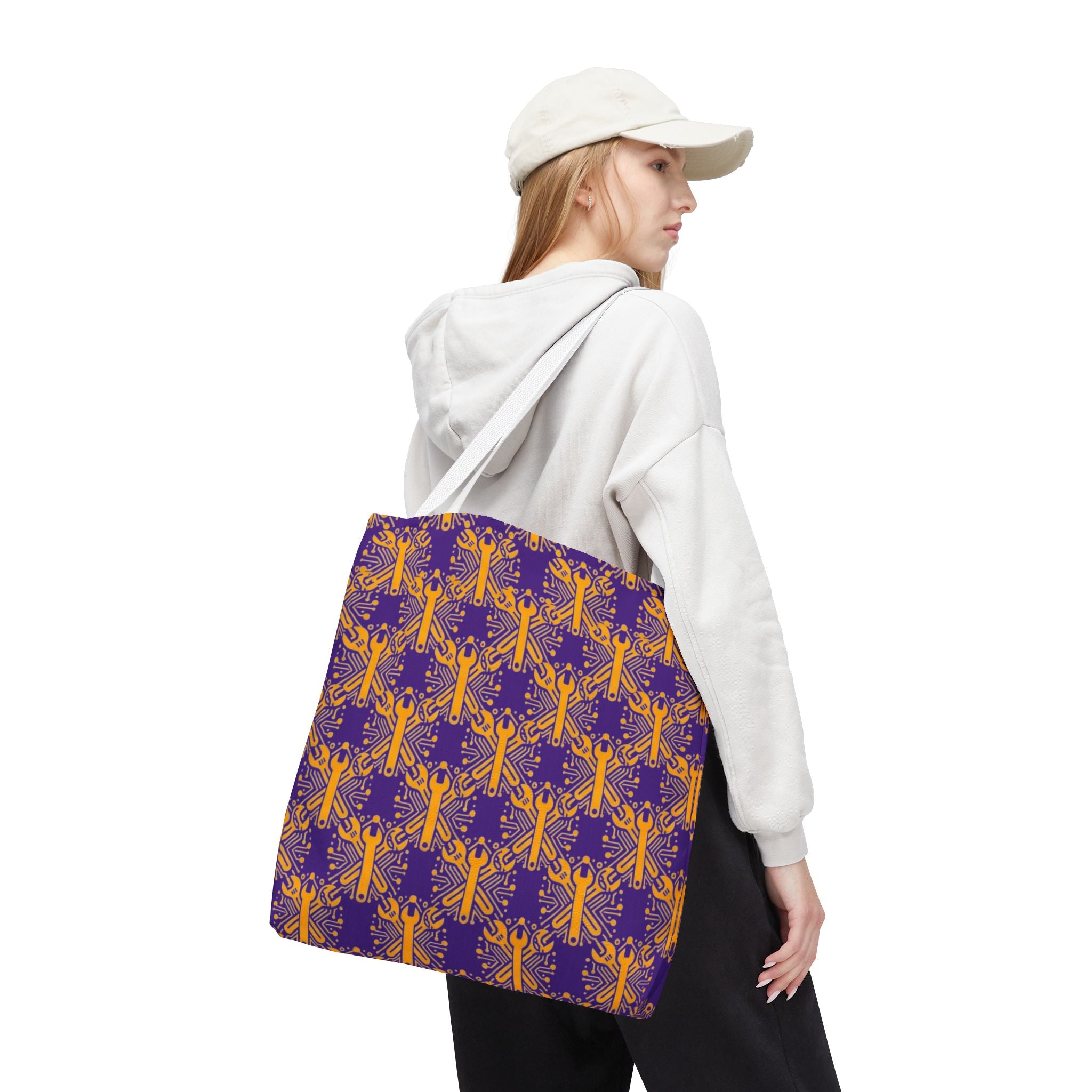 Purple & Gold Wrench Pattern Tote Bag – Automotive All-Over Print Tote
