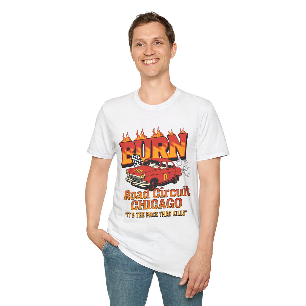 Racing 'BURN' Graphic Tee — Retro Flaming Racecar Chicago Track Shirt