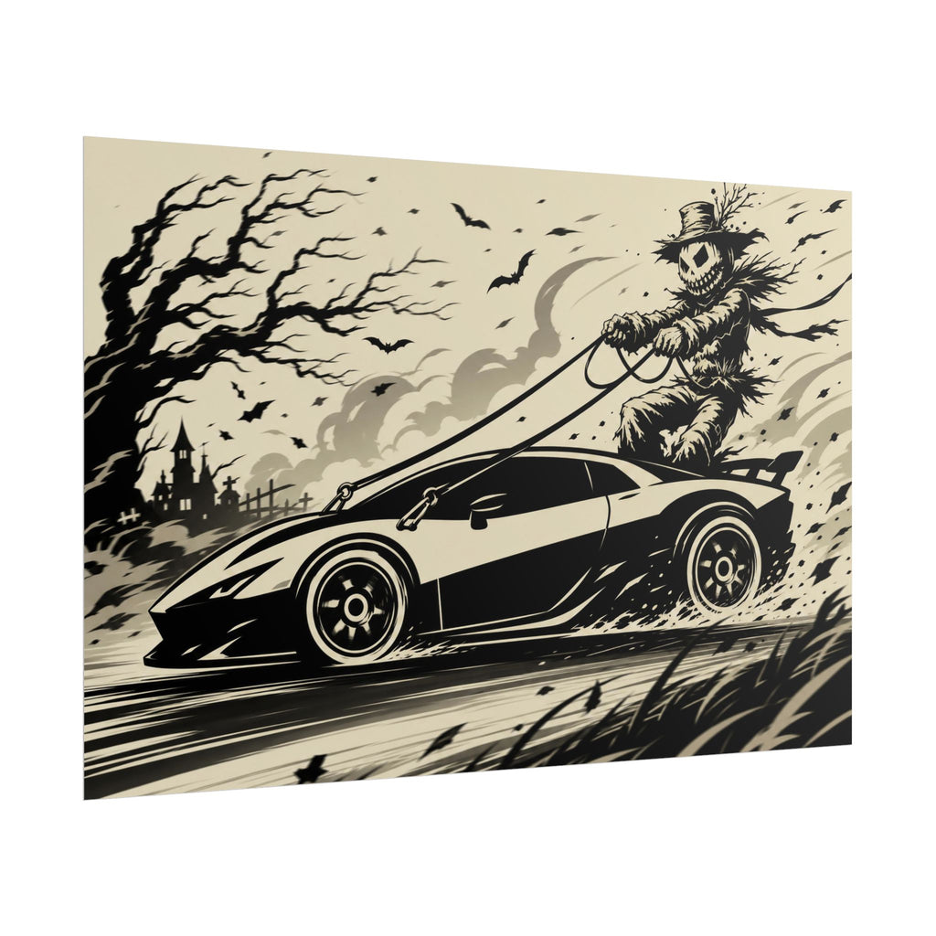 Poster - Scarecrow Driving Sports Car Vintage Halloween Art Print