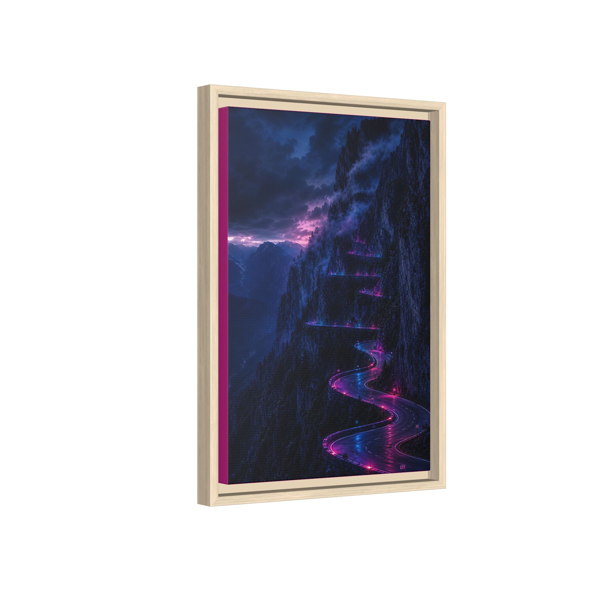 Neon Mountain Road Matte Canvas Print — Framed Nightscape Wall Art