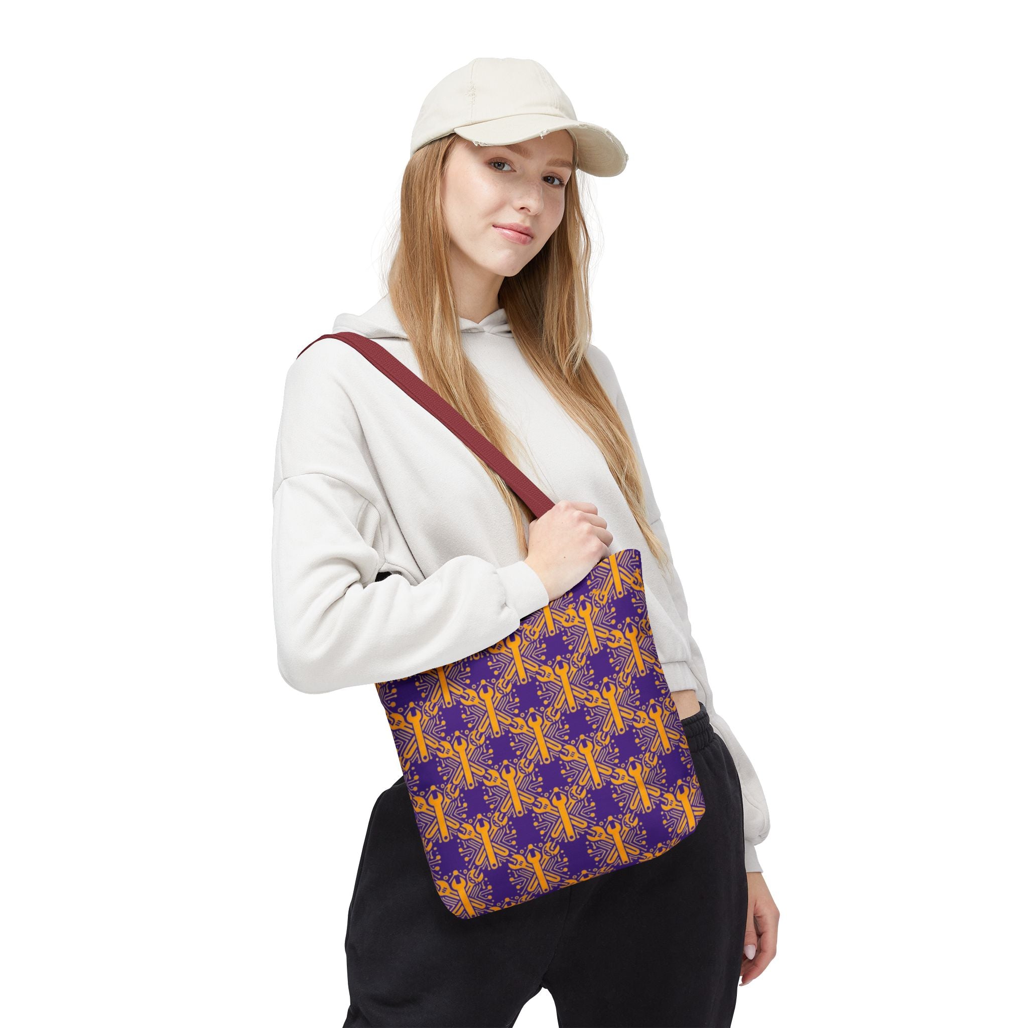 Purple & Gold Wrench Pattern Tote Bag – Automotive All-Over Print Tote