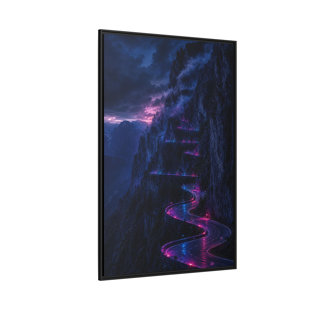 Neon Mountain Road Matte Canvas Print — Framed Nightscape Wall Art