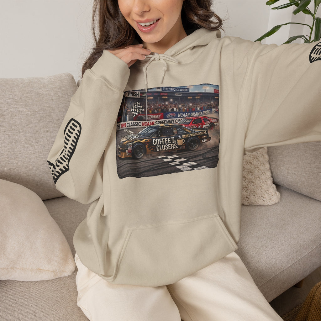 Racing Garage Hooded Sweatshirt — Vintage Racecar Track Scene