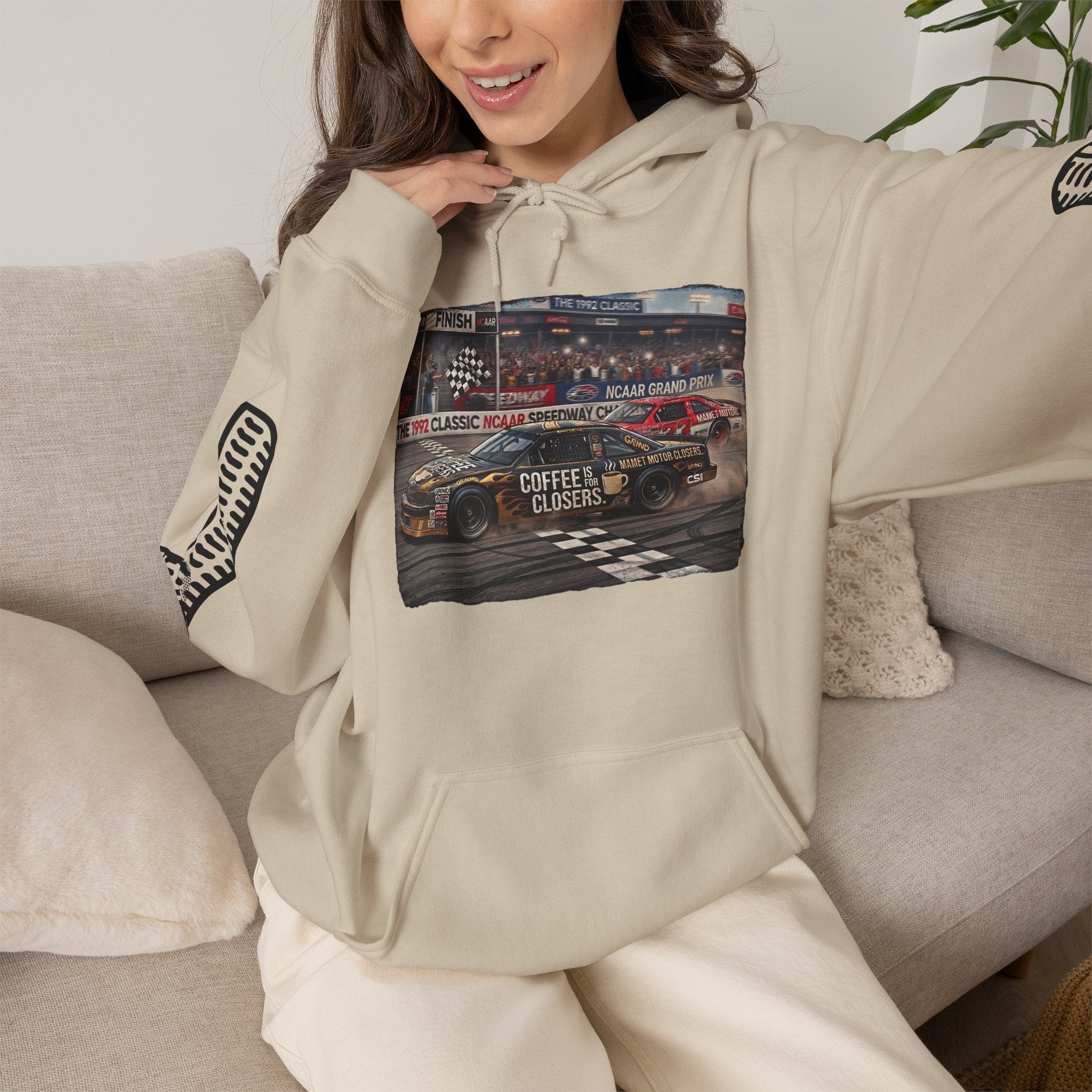 Racing Garage Hooded Sweatshirt — Vintage Racecar Track Scene